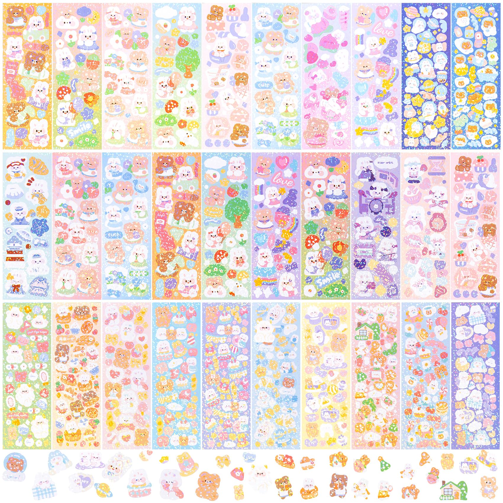 30 Sheets Korean Stickers Cute Rabbit Bear Kpop Deco Stickers for Photocard Self Adhesive Colorful Korean Stickers for Scrapbook DIY Arts Craft Card Making