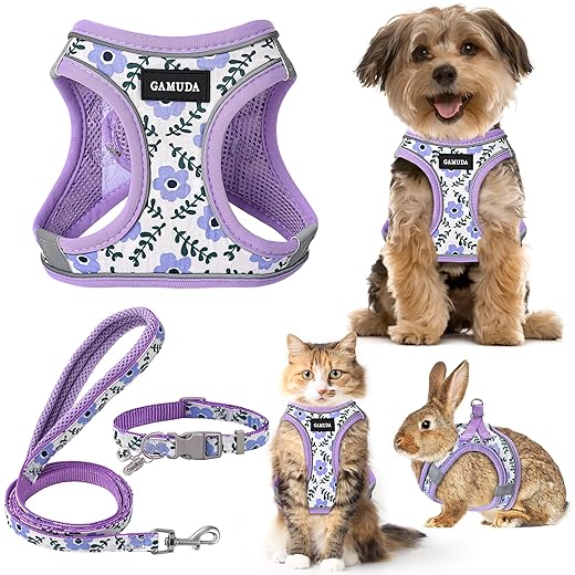 GAMUDA Small Dog Harness Collar and Leash Set, Step in No Chock No Pull Soft Mesh Adjustable Dog Vest Harnesses Plaid Reflective for Dogs Puppy Cats Kitten Rabbit (Purple Flower, S)