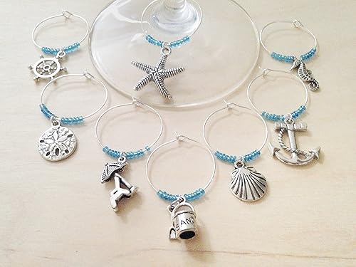 Miniatura 2 de Beach Themed Wine Charms, Gift for Beach Lover, beach themed, beach Vacation, Summer at the Shore, Set of 8. AQUA BEADS.