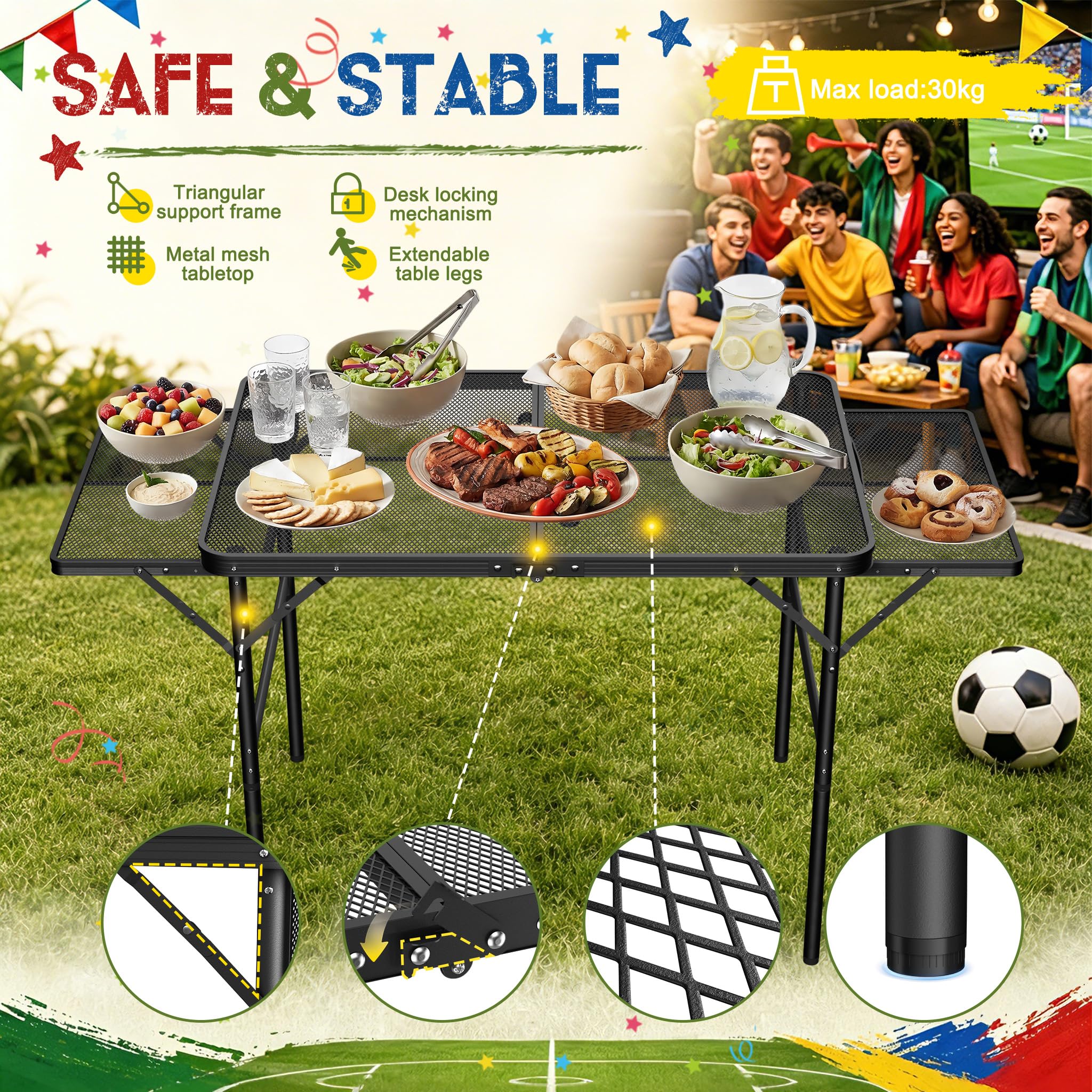 XMTECH Table de camping pliable - Table de barbecue pliable - 90 x 60 cm - Hauteur réglable - Extensible jusqu'à 134 x 60 cm - Pour camping, plage, jardin ou barbecue