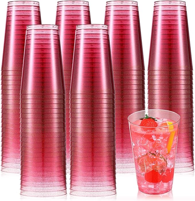 100 Pcs 14 oz Plastic Cups Pink Glitter Cocktail Cups