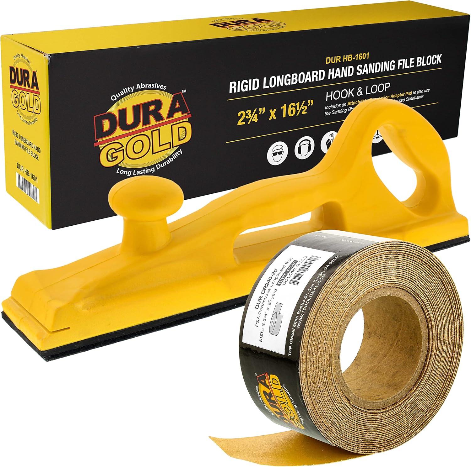 Dura-Gold Pro Series Rigid Longboard Hand Sanding File Block with Both Hook & Loop Backing and PSA Backing Adapter Pad & 240 Grit PSA Longboard Sandpaper 20 Yard Roll, 2-3/4" Wide