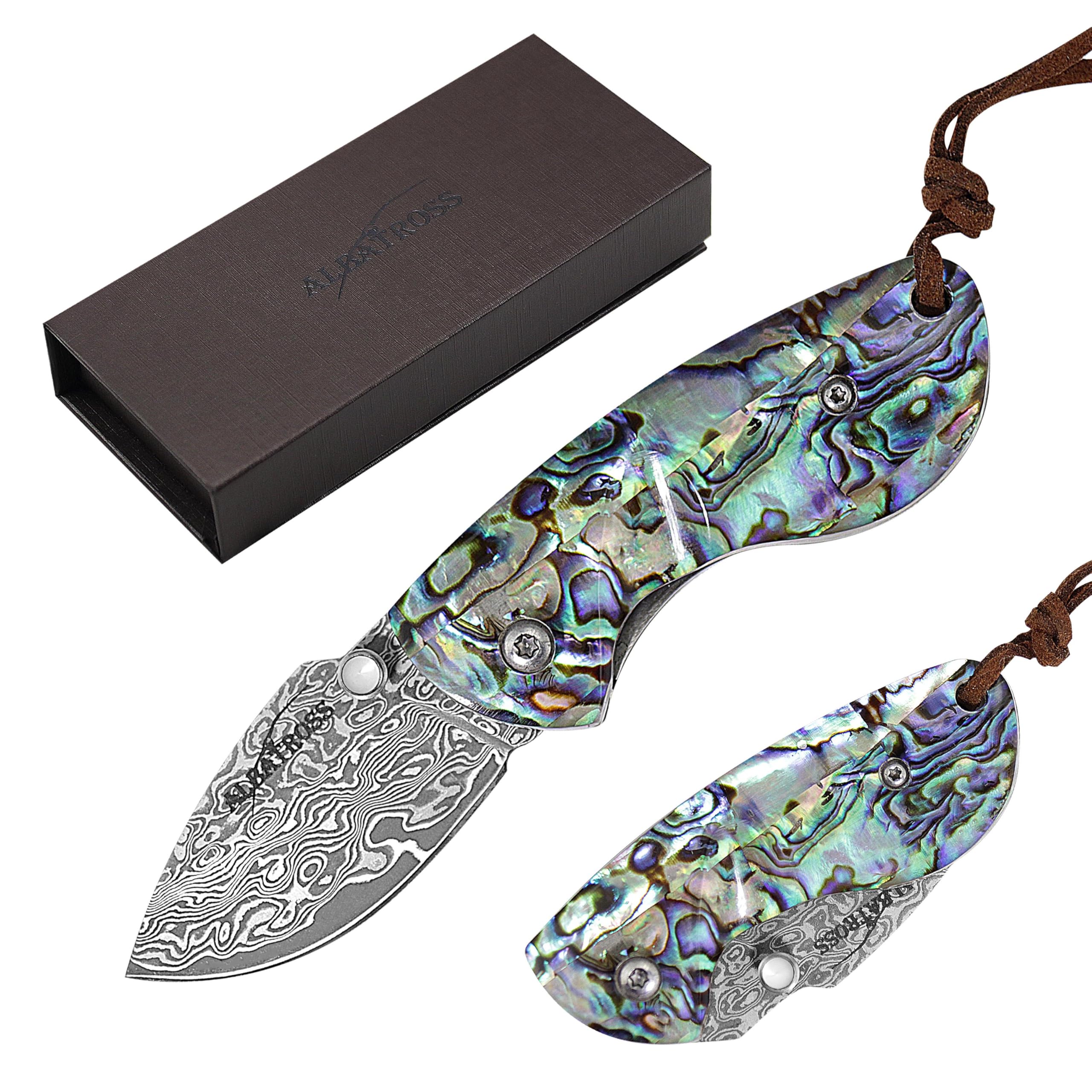 Valentine‘s Day & Birthday Gift for Him - Premium Mini Pocket Folding Knife for Husband, Boyfriend, Father - Smooth Manual Opening, Abalone Shell Handle, Damascus Steel Blade, Luxury Gift Box
