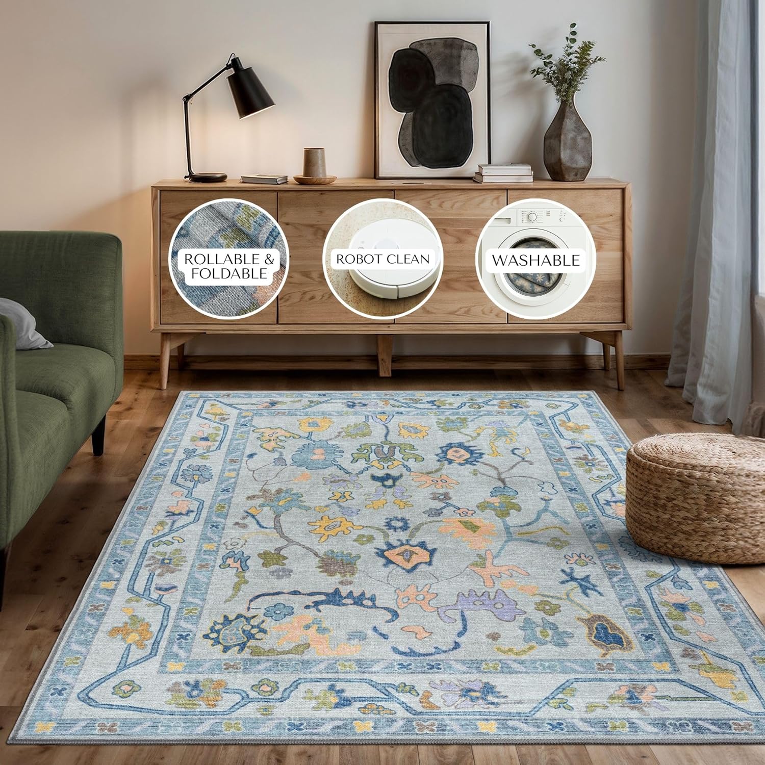 Blue Oushak Runner Rug Hallway 2'5x7' - Traditional Washable Vintage Turkish Pastel Runner Rugs with Rubber Backing, Short Runner Rug for Entryway, Laundry, Bedroom, Kitchen, Bathroom