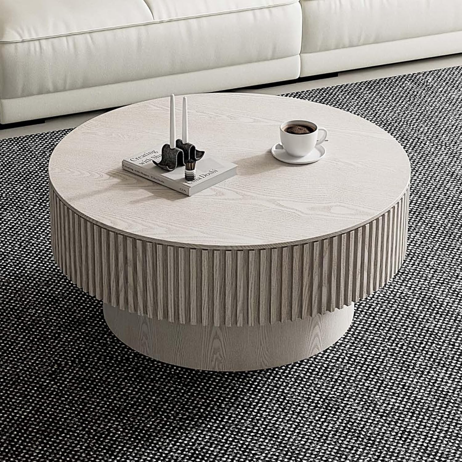 Round Coffee Table with Storage, Modern Wooden Coffee Table with Solid Wood Veneered, Circle Center Table Accent Tea Table for Living Room Small Space (31.5''L × 31.5''W × 14''H, Retro White)