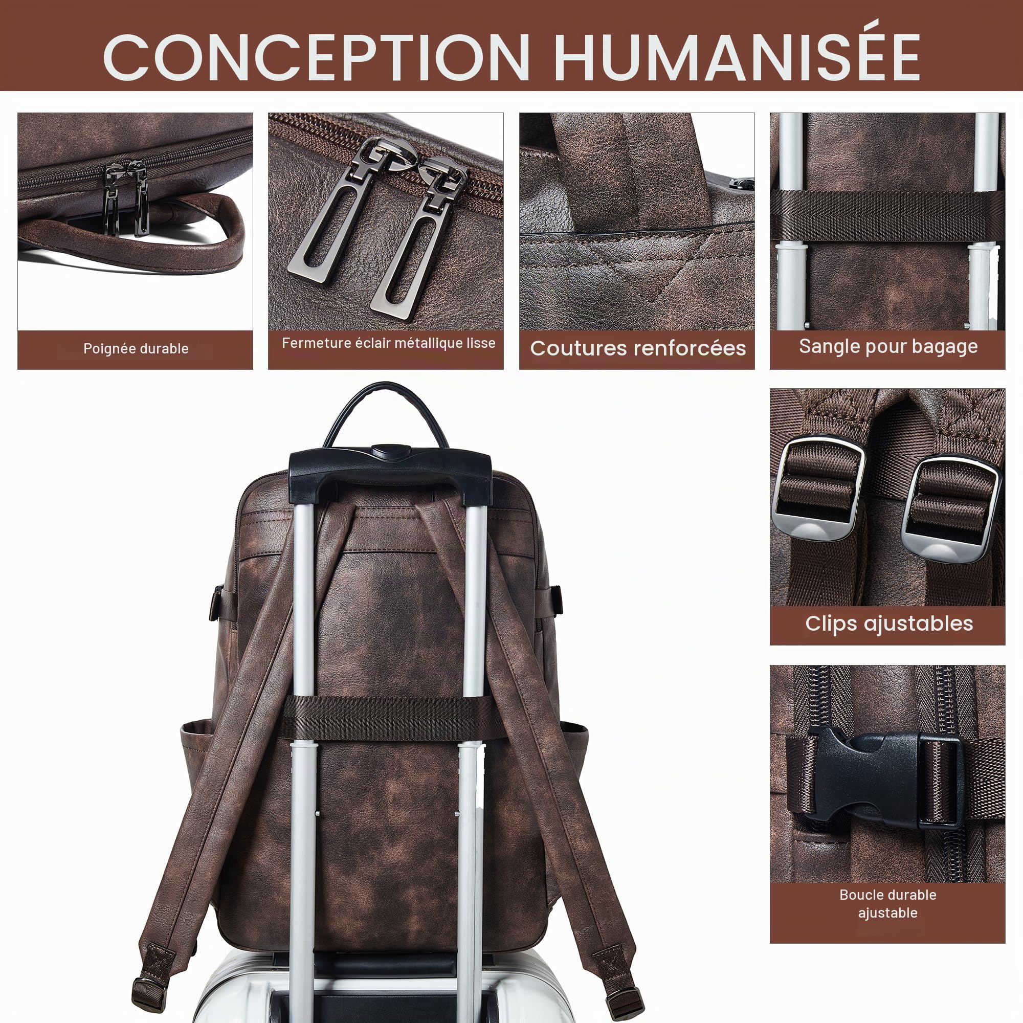 Sac à dos pour ordinateur portable pour femme 15,6 pouces en cuir tendance pour voyage, université, travail