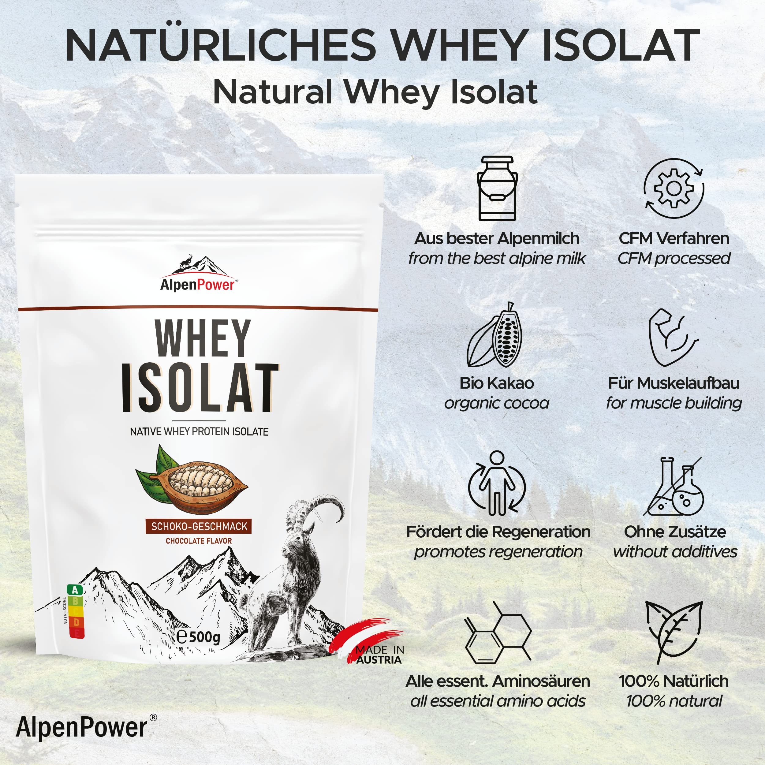 AlpenPower Whey Isolat białko w proszku czekoladowym 1 kg – 100% naturalne składniki, bez substancji słodzących – karmienie trawą – wysokiej jakości białko w proszku z najlepszego mleka alpejskiego