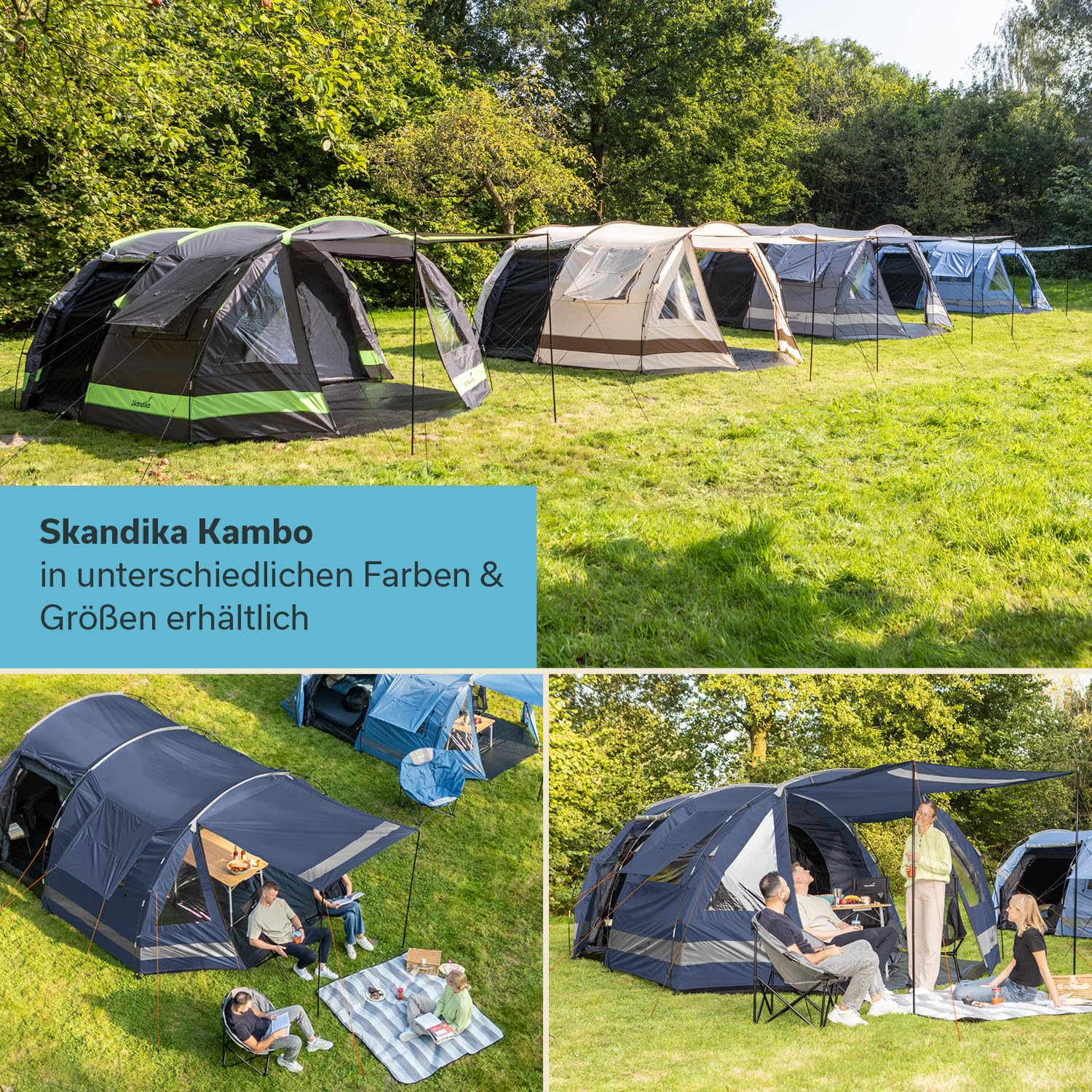 Skandika Kambo - Tenda de campeggio tunnel - 4 persone - Impermeabile con 3000 colonne d'acqua - 3 ingressi - tenda da sole