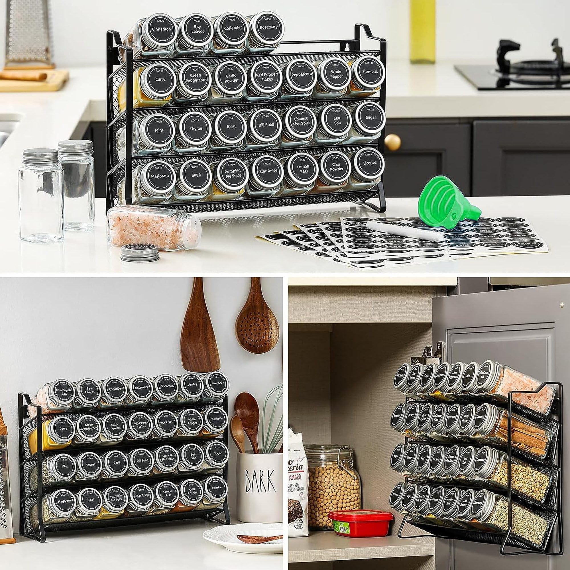 Étagère à épices debout et murale - Organiseur de cuisine avec 28 pots à épices et 180 étiquettes à épices - Organiseur pour cuisine, plan de travail, armoire, garde-manger