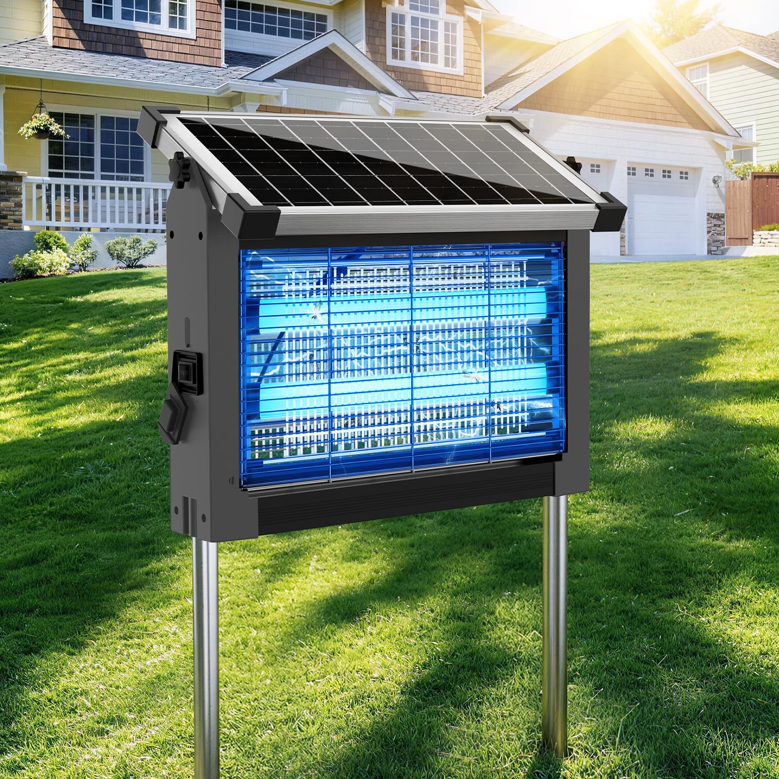 Solar Bug Zapper Outdoor, 4500V Wiederaufladbarer Wasserdichter Mückenvernichter mit Solarpanel Sensor, Elektrische Fliegenfalle, 3.0 m Kabel, Kabelloser Insektenvernichter für Terrasse Hof