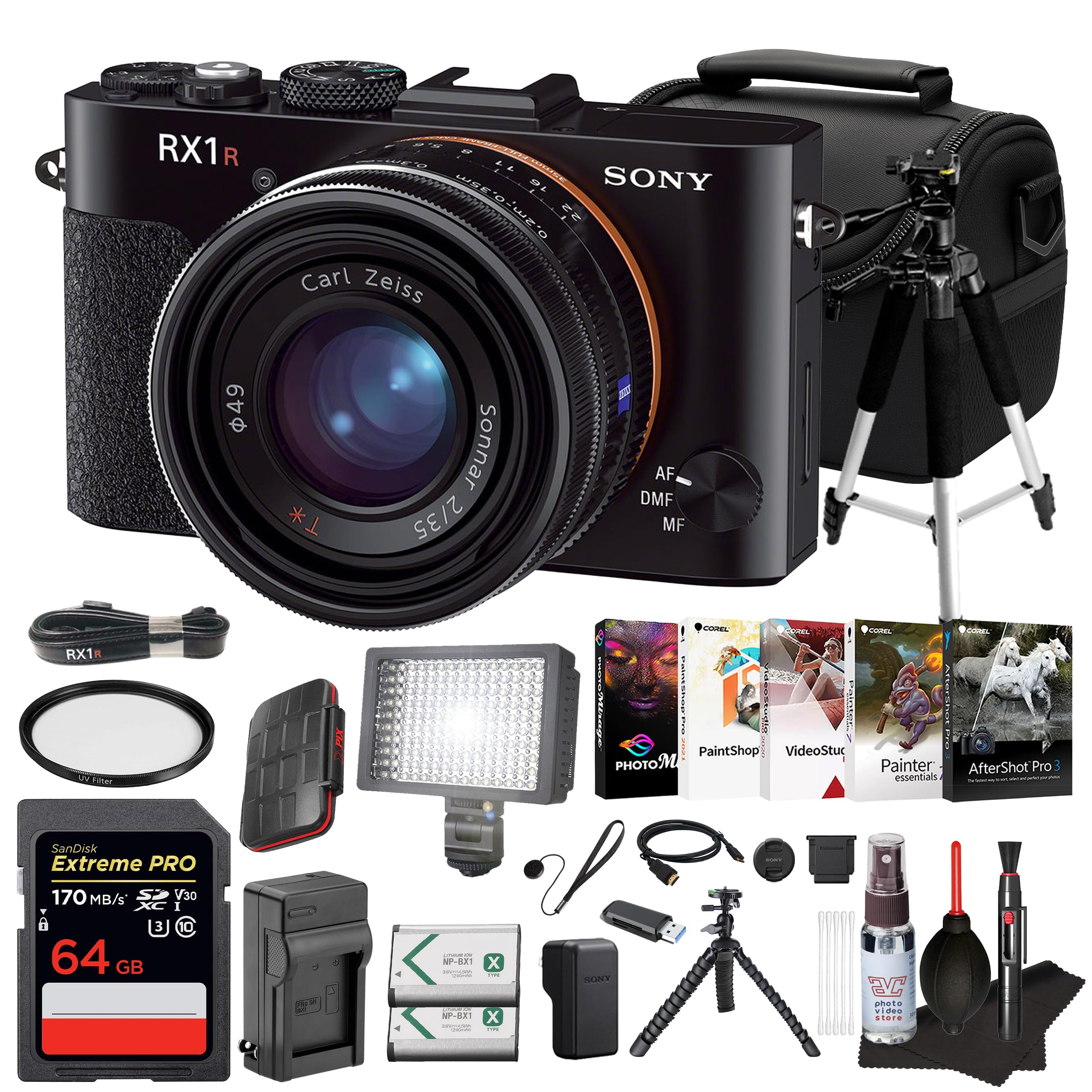 Sony Cyber-Shot DSC-RX1R Digital Camera – Full-Frame 24.3MP Camera with Fixed 35mm f/2 Zeiss Lens – for Travel, Street Photography & Portraits | 64GB Memory Card | 72" Tripod | LED Light | Bag | More