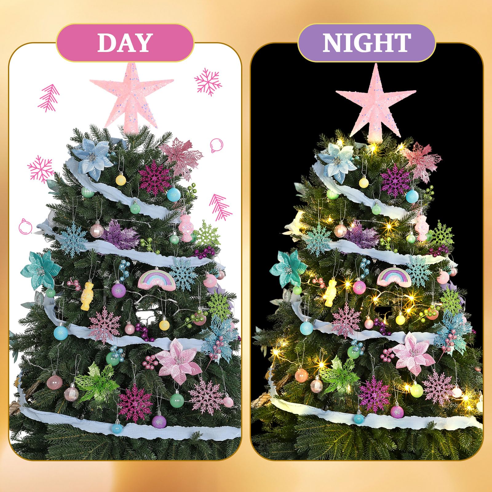 Syhood Lot de 70 décorations de sapin de Noël pastel comprenant des décorations de Noël à paillettes, poinsettia, fleurs, baies, flocons de neige, ruban LED pour décoration de Noël