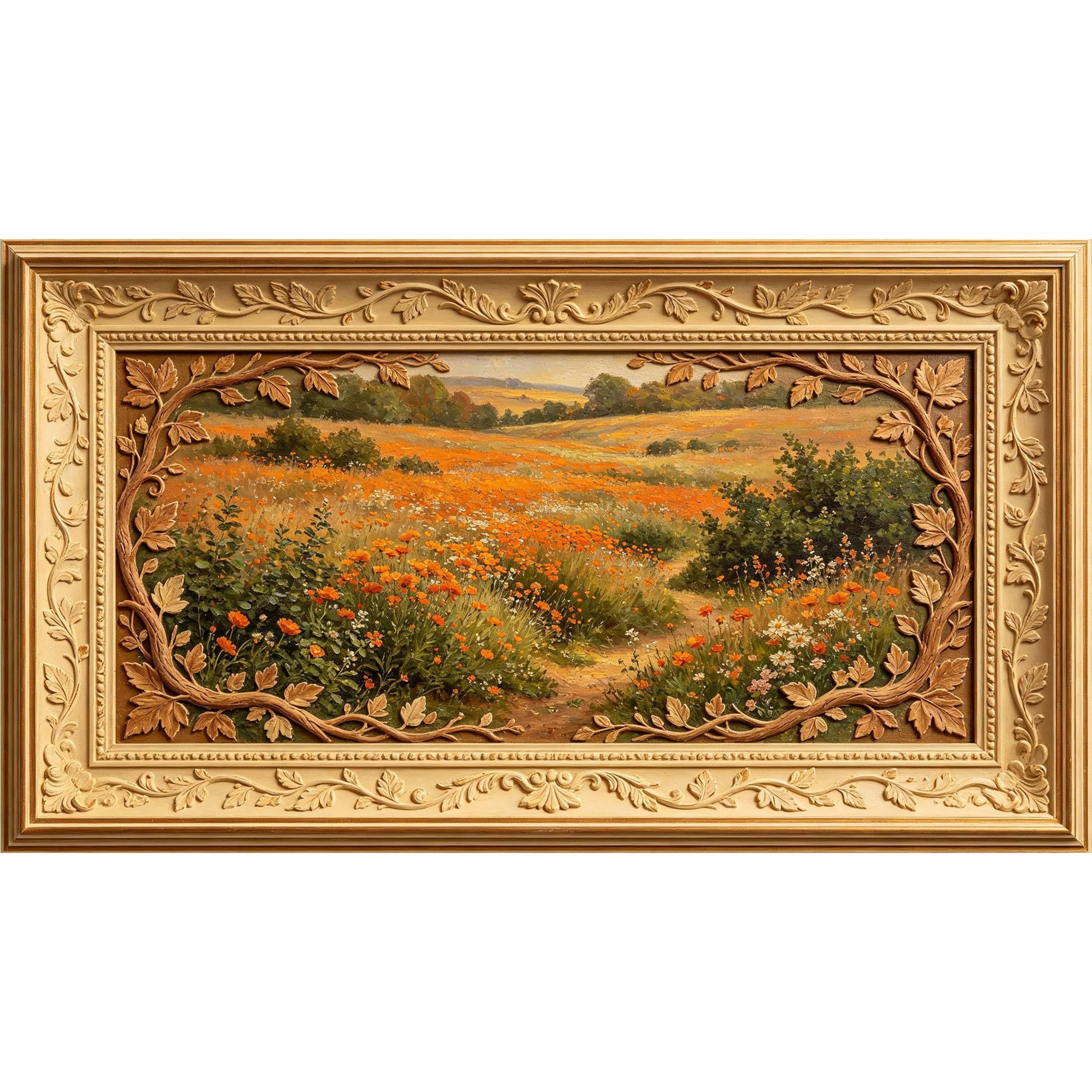 QZLITHOTIC 50×90cm3D Framed Wall Art， Orange Wildflower Meadow Landscape Oil Painting Style SelfAdhesive Mural， WaterActivated Peel & Stick Fabric Decor Wall Decal for Bedroom Living Room