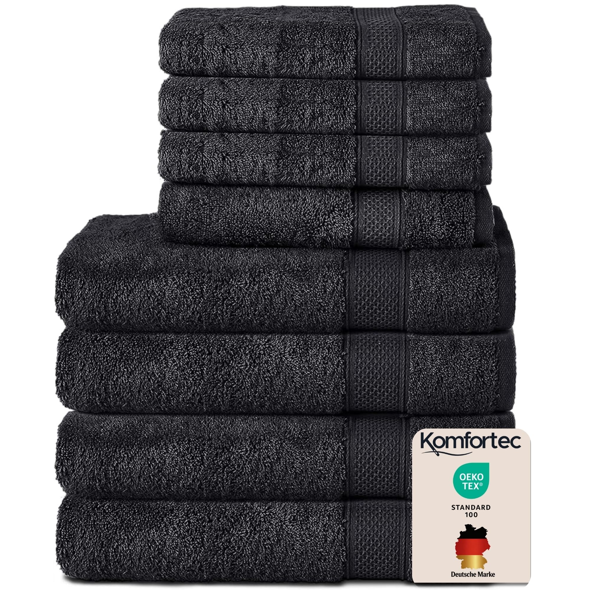 Komfortec Juego de 8 Toallas 100% Algodón | 4 Toallas de Baño 70 x 140 cm y 4 Toallas de Lavabo 50 x 100 cm – Juego de Toallas Suaves y Absorbentes – Negro