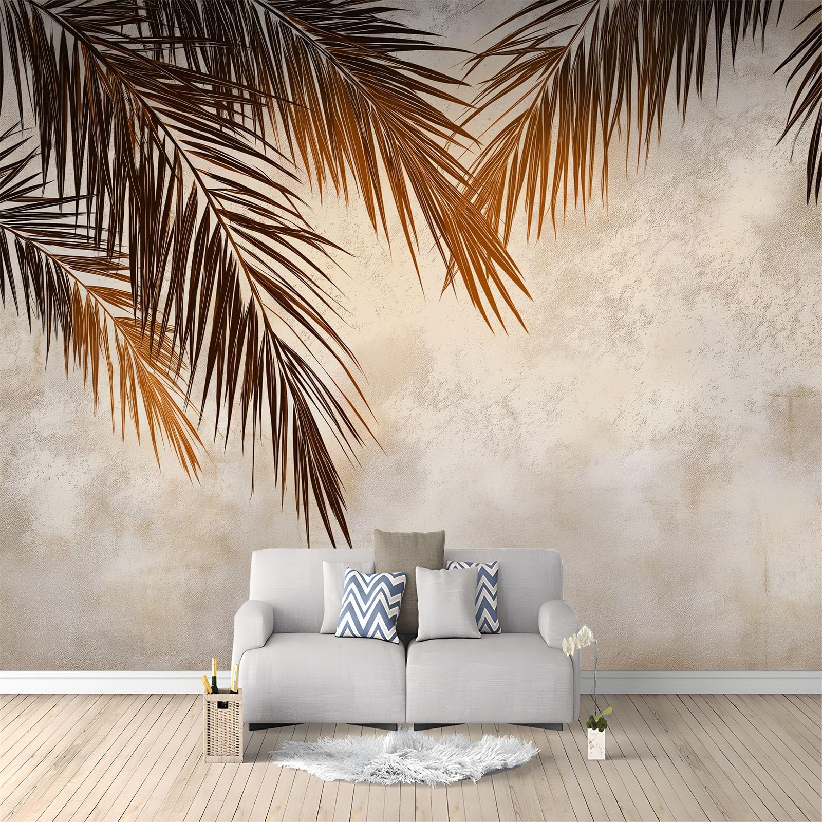 Shabby Chic Papel Pintado Mural de Pared 250 x 175 cm Decoración Moderna, Planta Palmera Hojas De Árboles Rayas Diseño de Pared para Salón Dormitorio Oficina Pasillo Póster