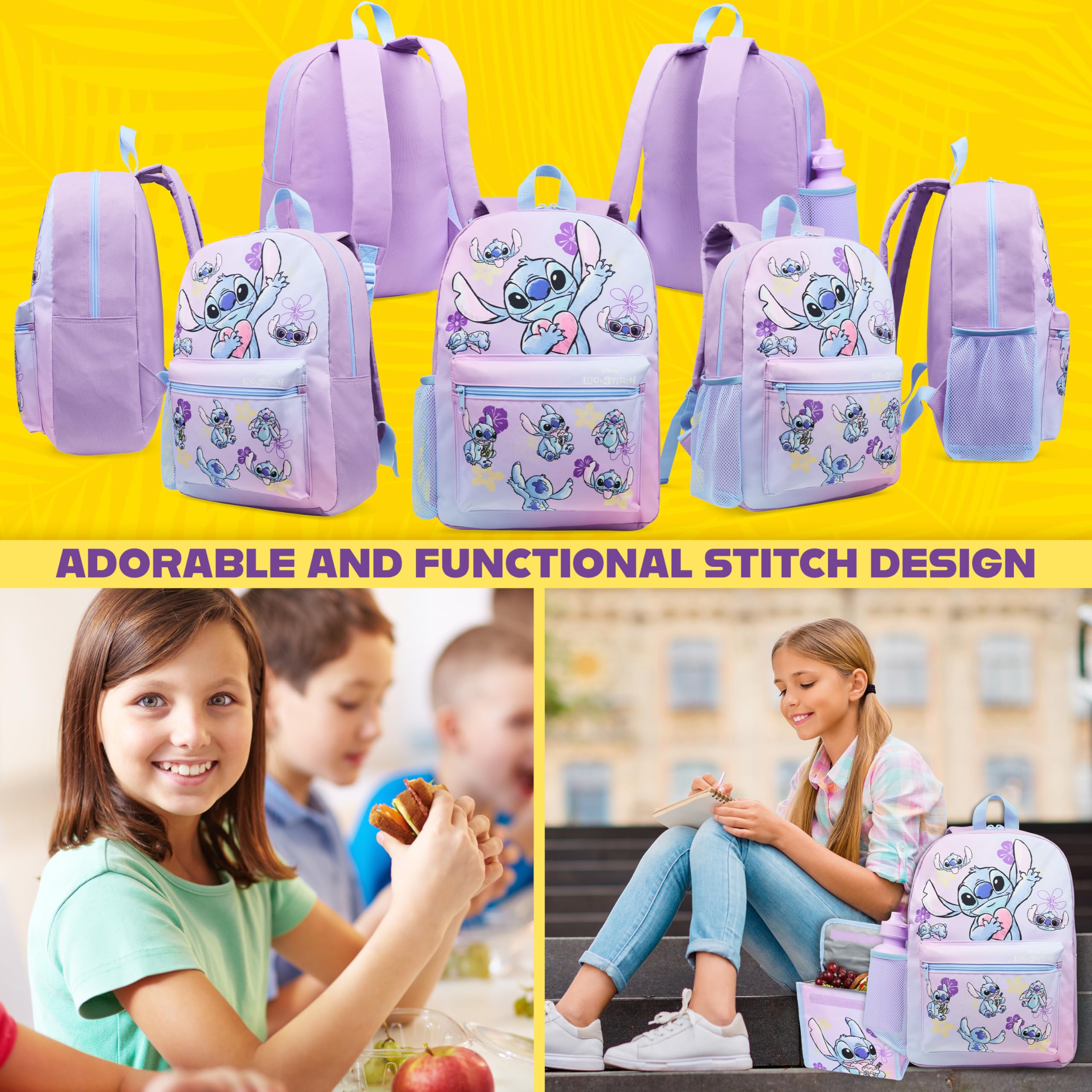 Disney Stitch Mochila Escolar Niña Adolescente Chica con Estuche Infantil Botella de Agua y Bolsa de Almuerzo Set de Material Escolar 4 Pzs