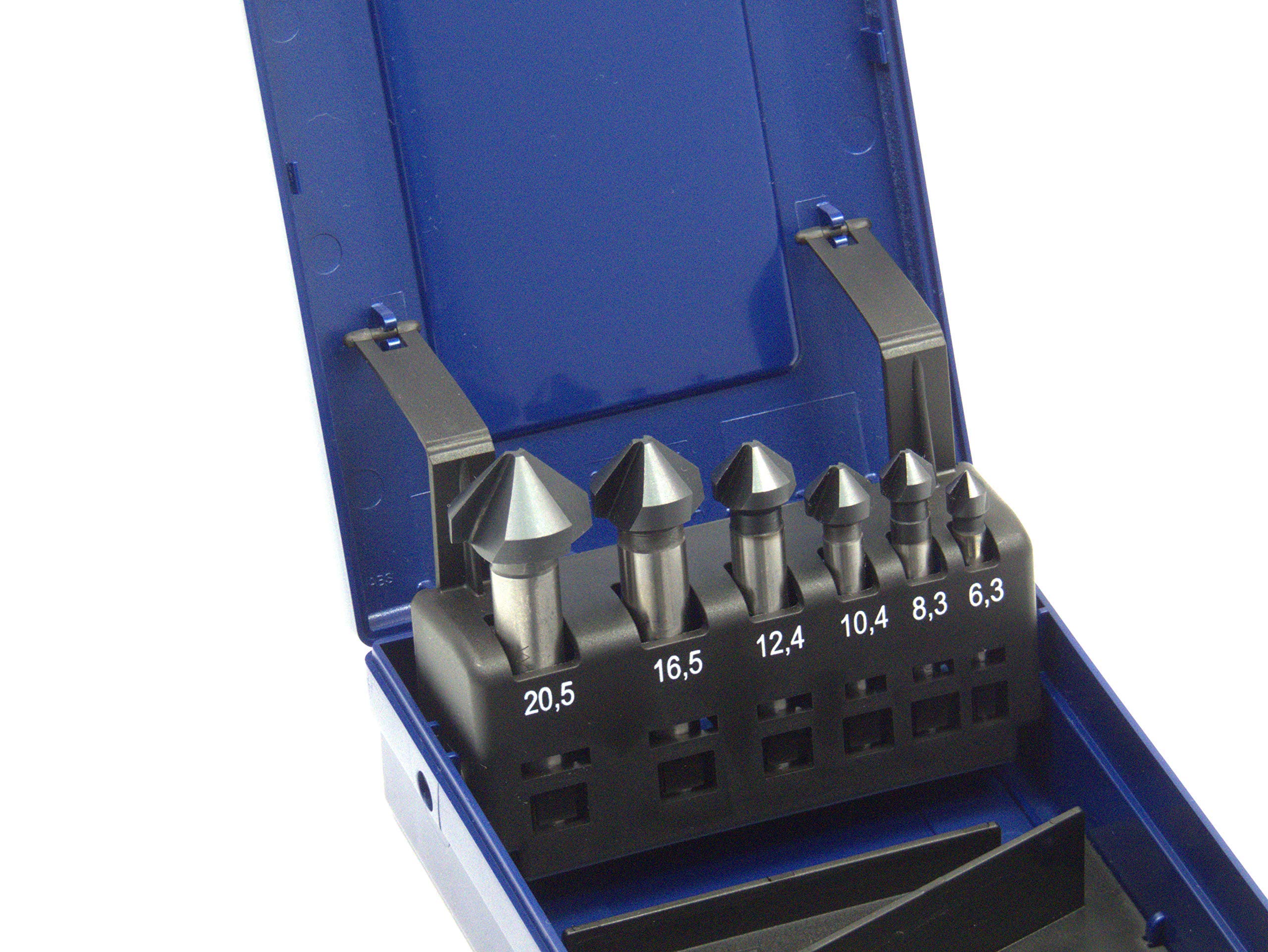 Juego de avellanadores cónicos (5 piezas, sin revestimiento, 6,3 mm - 25 mm, HSS-G, ángulo de 90°, en caja rosa), 7-teilig TiAlN mit Schmierstift, 7 piezas TiAlN con lápiz lubricante.