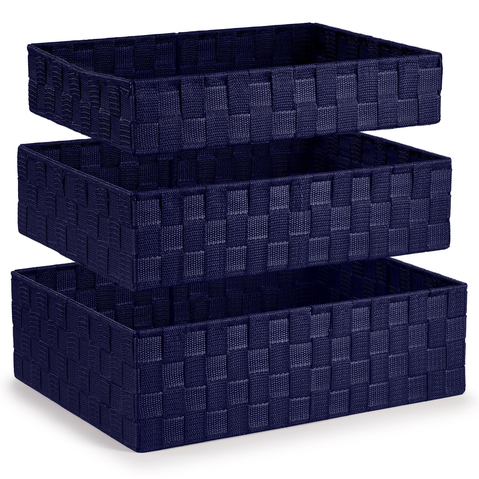 Ehc Blue Set Of 3 Woven Storage Baskets, Decorative Nestable Organizer Boxes For Shelves, Closet Bins, Empty Basket For Gift Hamper, Lightweight Home Organization Solutions, Navy