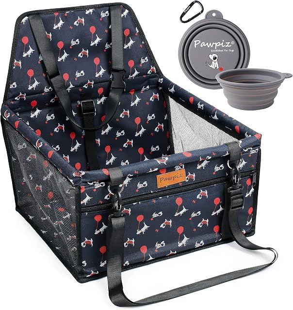 Pawpiz Dog Car Seat for Small Dog Breeds | Dog Booster Car Seat with Cute Puppy Design & Seat belt Tether | Comfy Sturdy & Scratch-Resistant for Both Front and Back Car Seats | UK Brand (Black)
