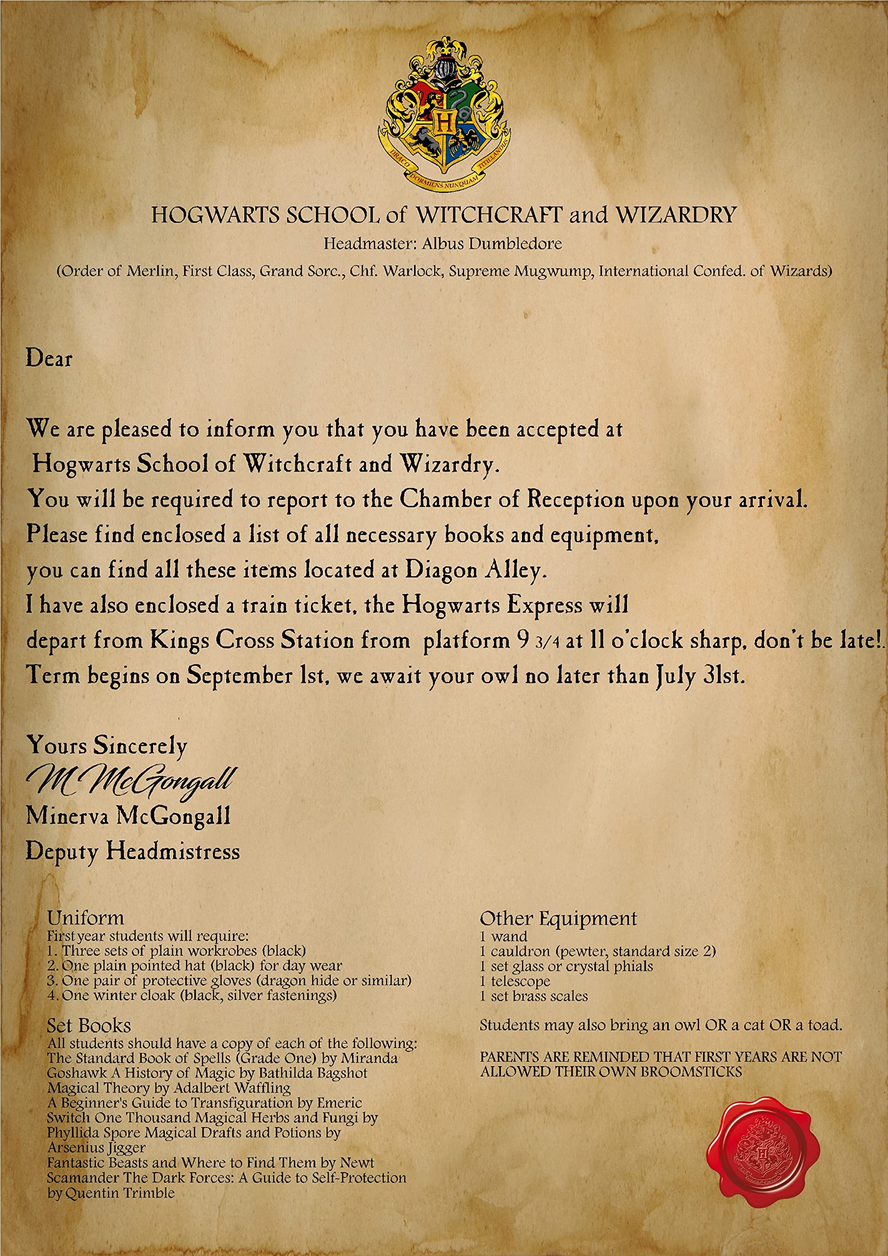 Printable Letter Harry Potter Receives Hogwarts