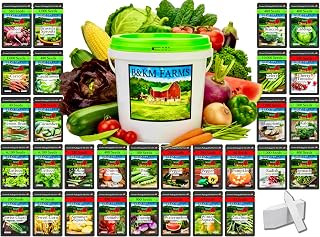 B&KM Farms 20,000+ Non-GMO Heirloom Survival Seed Kit - 30 Fruit & Vegetable Varieties in Weatherproof Bucket for Home Gardens