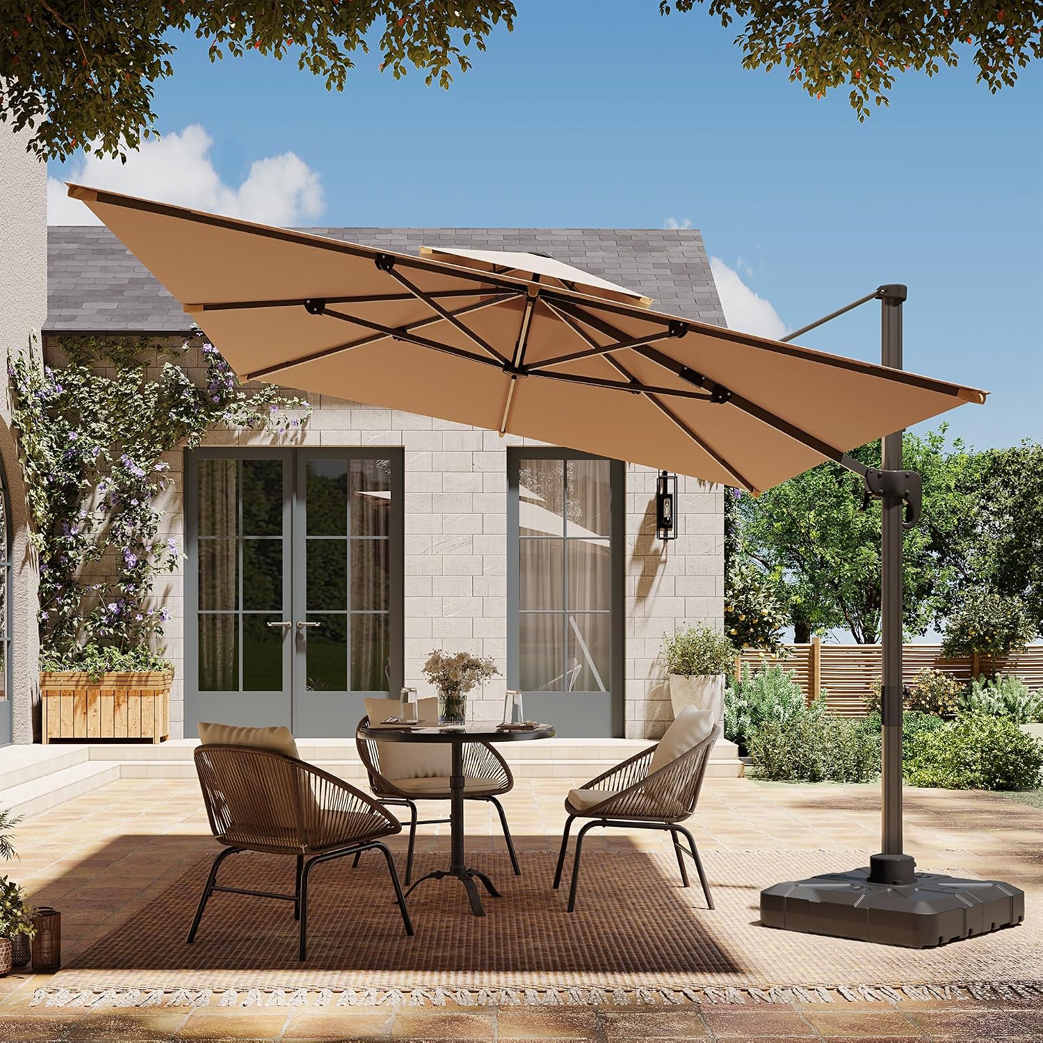 EO Living 9'×12' Double Top Offset Cantilever Umbrella, 360° Rotation Rectangle Outdoor Patio Umbrella, Sturdy Aluminum Frame Shade Umbrella for Garden Deck Pool Backyard, Beige