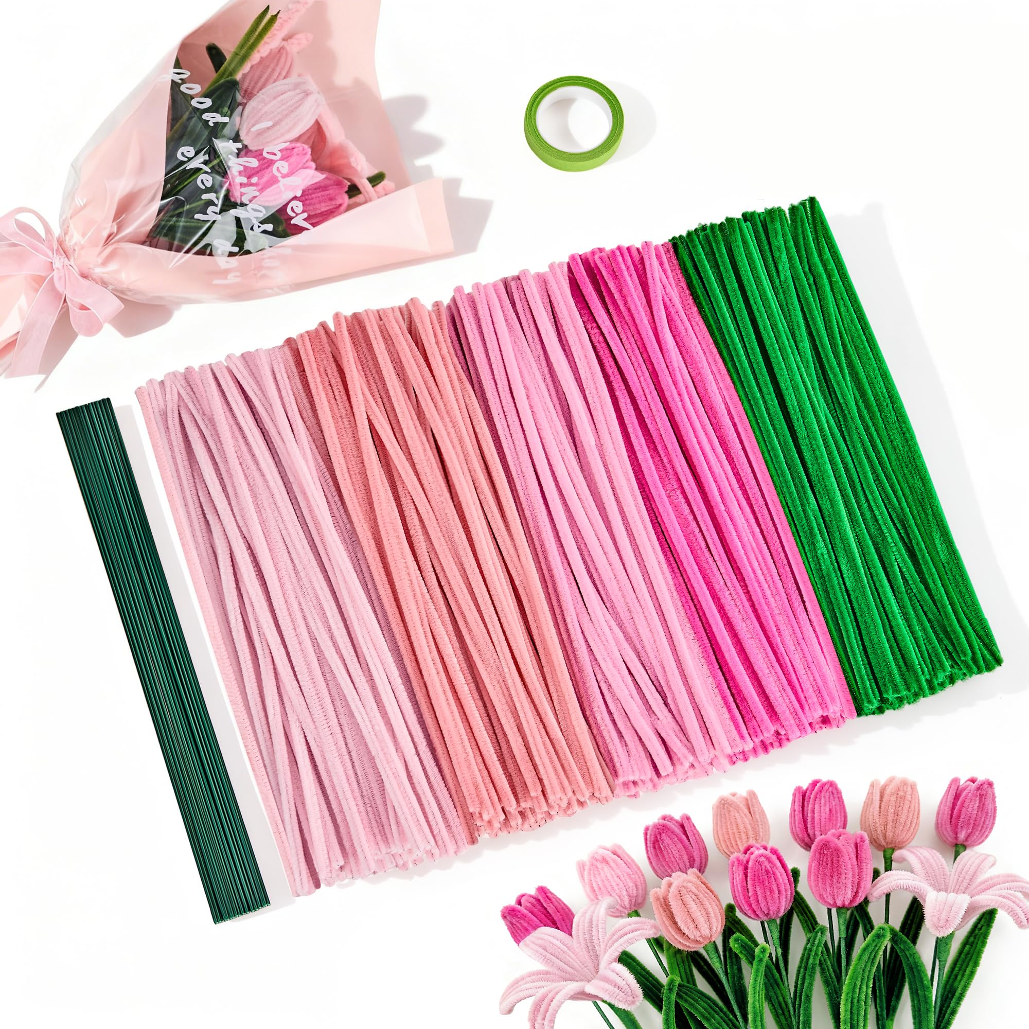 HEETA Blumenstrauß Pfeifenreiniger Blumen Set, 300 Stück in 4 Farben Pfeifenputzer zum Basteln, Pfeifenreiniger Blumen-Set, mit Blumendraht, Bänder für DIY, Rosa