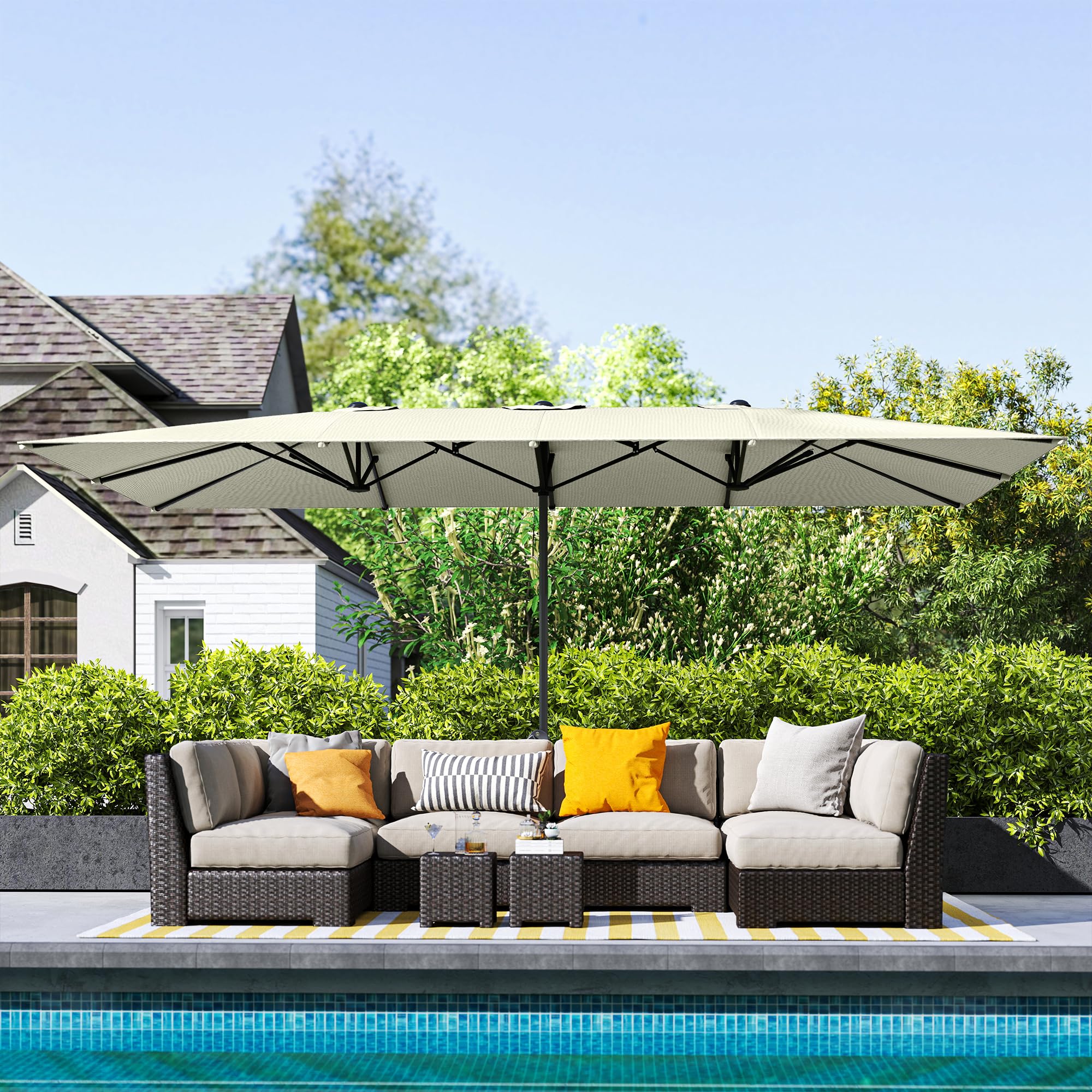 Outsunny Sombrilla Doble 4,5x2,6 m con Poste de Aluminio y Manivela Crema | Impermeable, Protección UV50+, Sombrilla Jardín Exterior, Parasol Grande para Playa Piscina Terraza