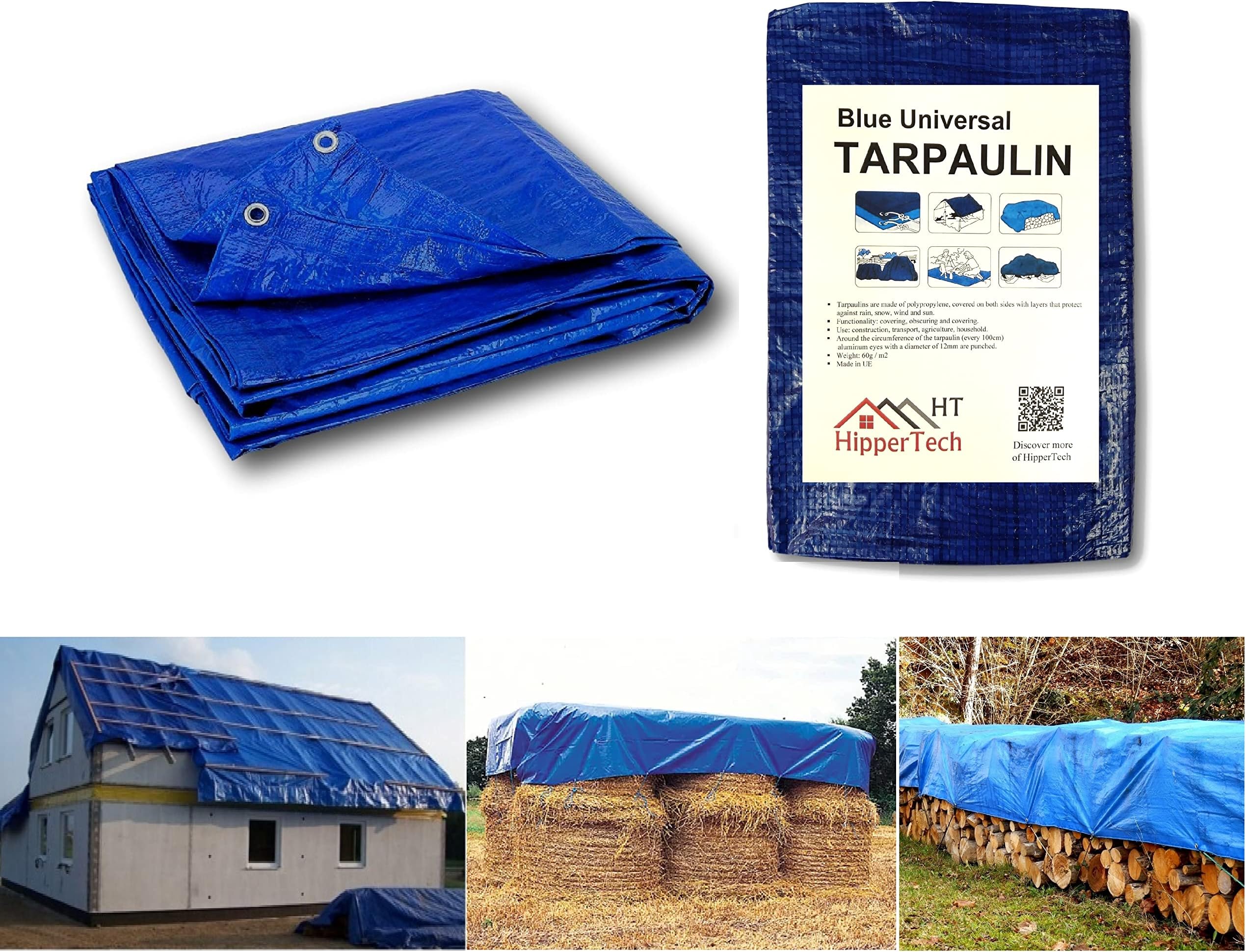 Tarpaulin HipperTechยฎ 4m x 5m / 13ft x 16ft Blue Waterproof Tarpaulin - Tarp Sheet Cover - Woven Polyethylene and Laminated 4m x 5m = 20mยฒ (13ft x 16ft = 208sq ft) - 60 GSM - Weight