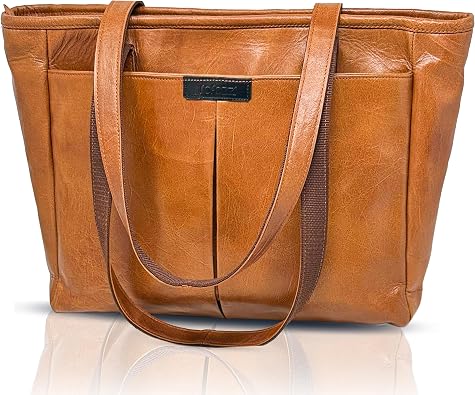 Real Leather Laptop Bag for Women - Leather Tote fits 13 Inch - Work Tote with Luggage Sleeve - Work Bags for Women