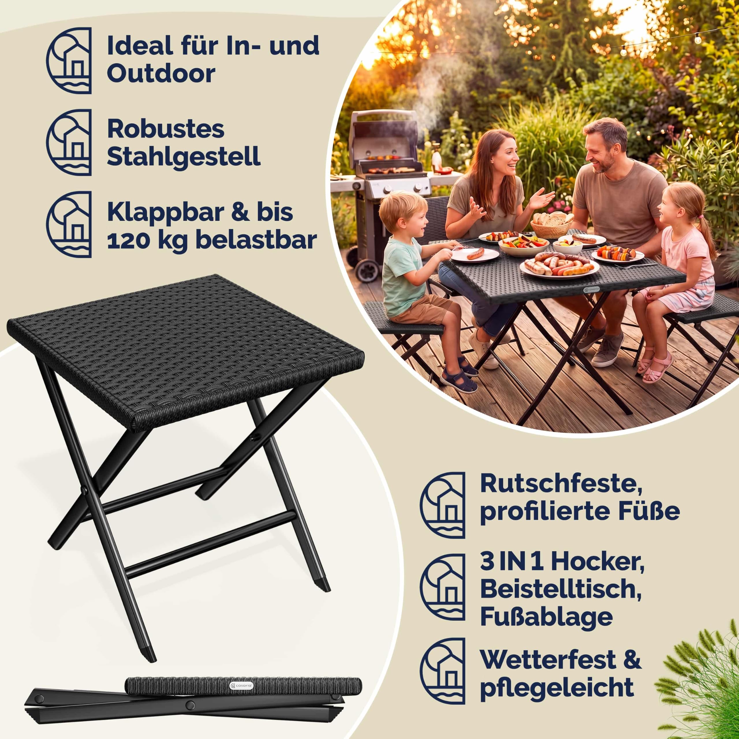 Casaria® Polyrattan Klapphocker 75kg Belastbarkeit 44x40x44cm Klappbar Leicht Tragbar Außen Wetterfest Garten Terrasse Balkon Camping Hocker Schwarz