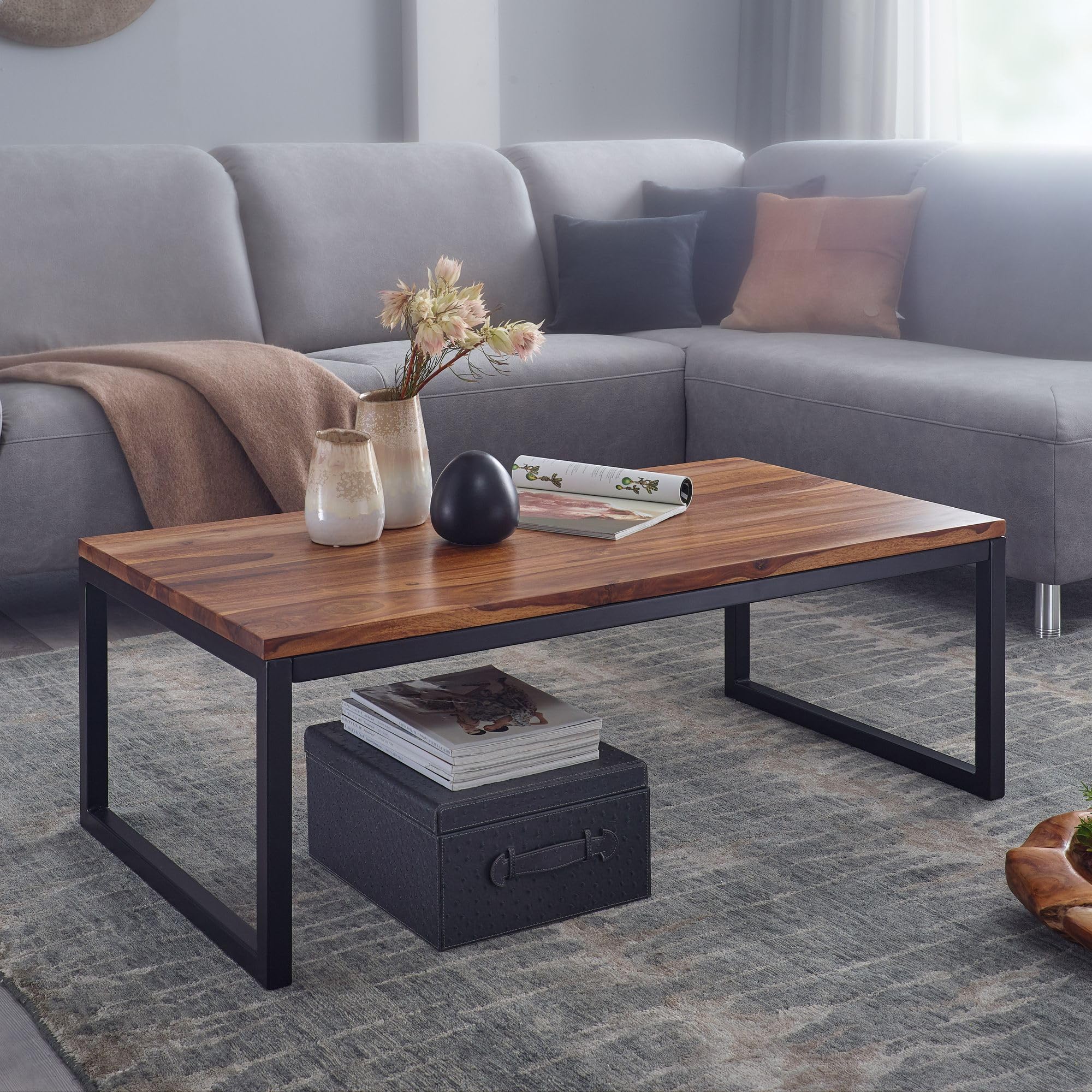 FineBuy salontafel 110x40x60 cm Sheesham massief houten/metalen salontafel | Design salontafel in industriële stijl | Tafel woonkamer | Solide loungetafel