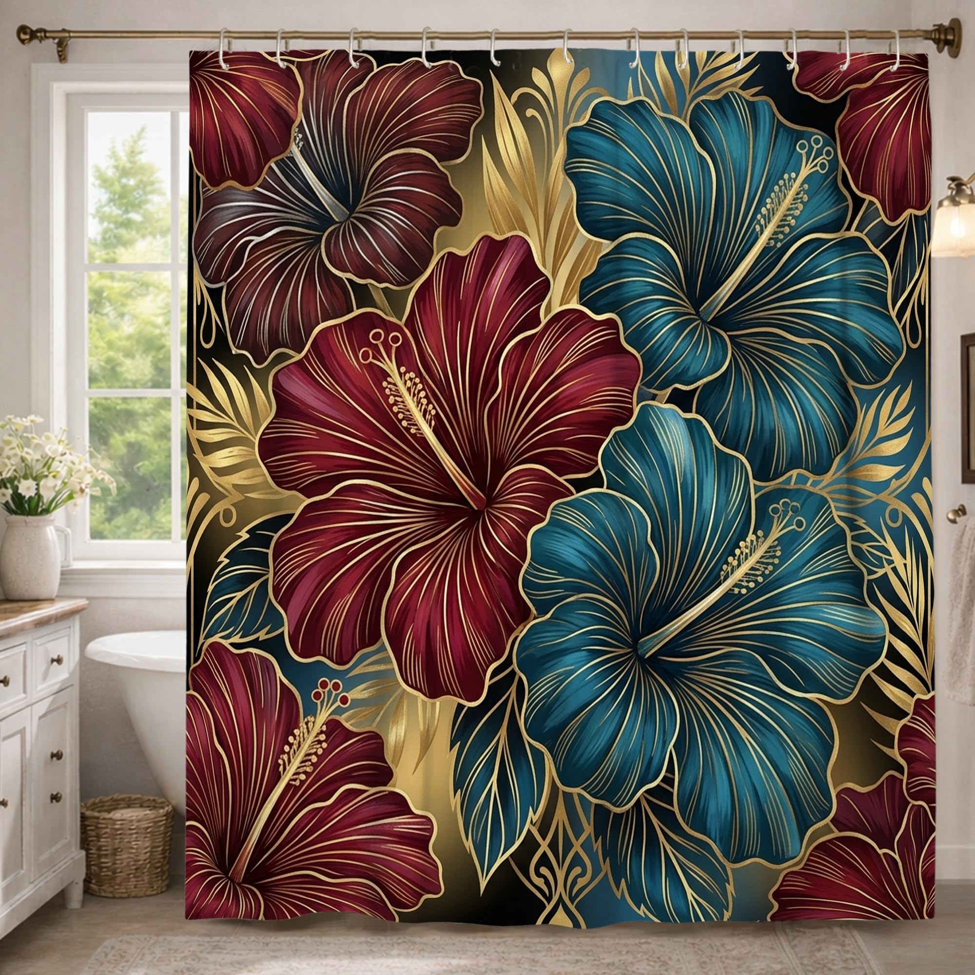 Rideau de douche imperméable motif hibiscus rouge été 137x198 cm