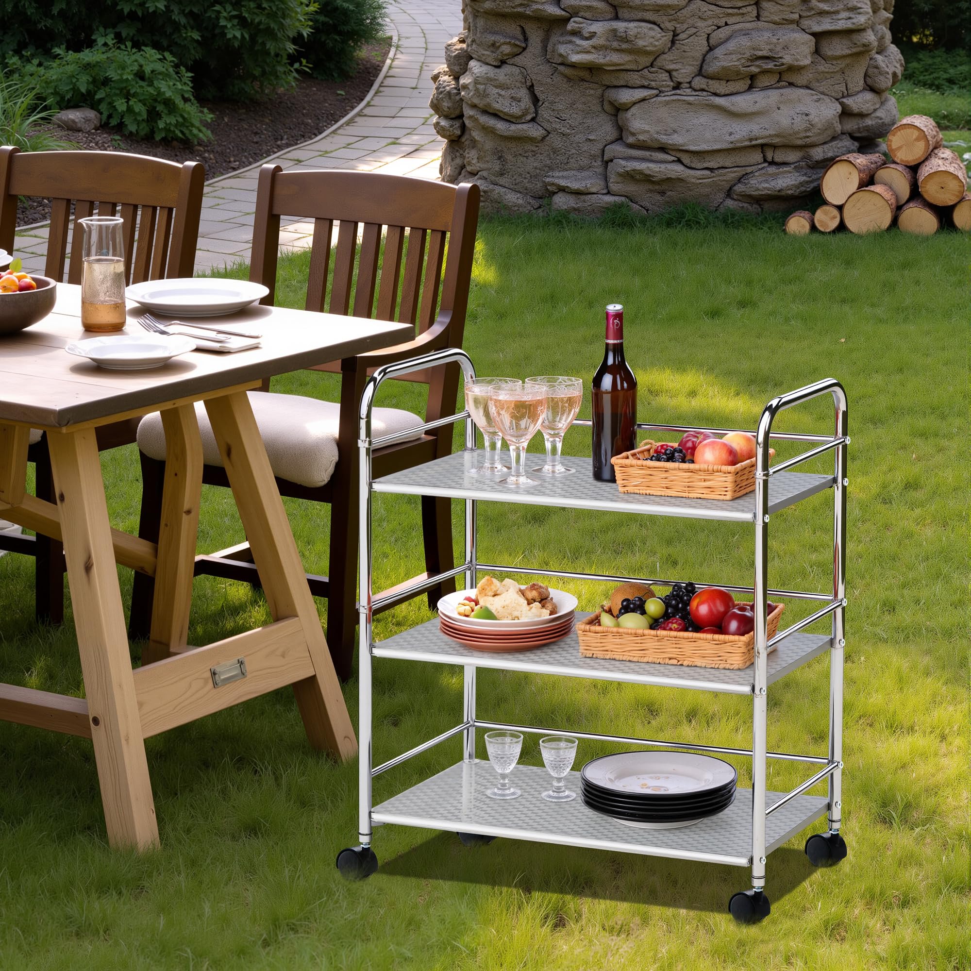 CLIPOP Carrito utilitario de acero inoxidable de 3 niveles, carrito de isla de cocina con ruedas bloqueables, carrito de almacenamiento para cocina, restaurantes y hogares de cuidados (35 x 50 x 75