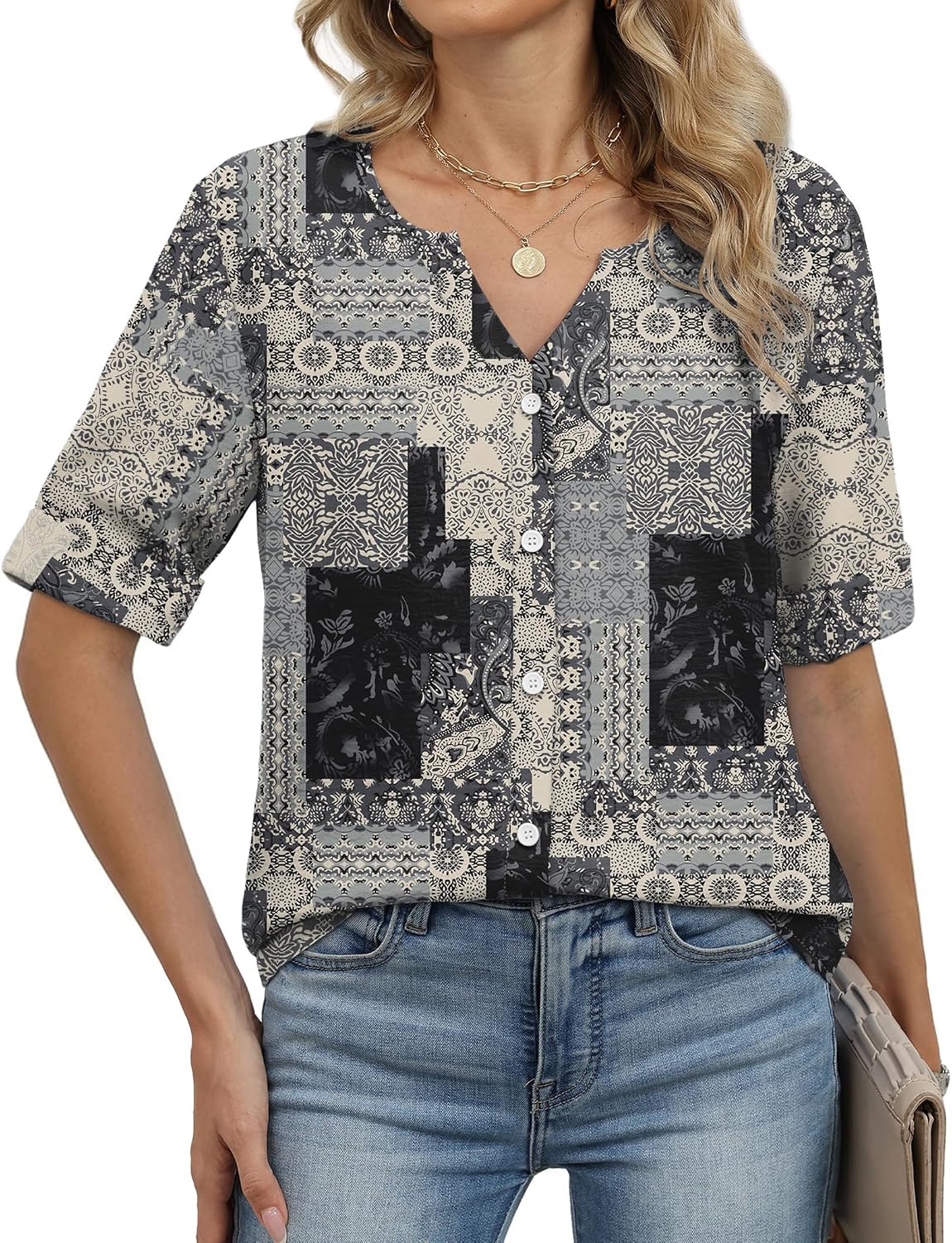 OFEEFAN Button Down Shirts for Women 3/4 Length Sleeve Tops V Neck Blouses Business Casual Outfits Loose Fit thumbnail