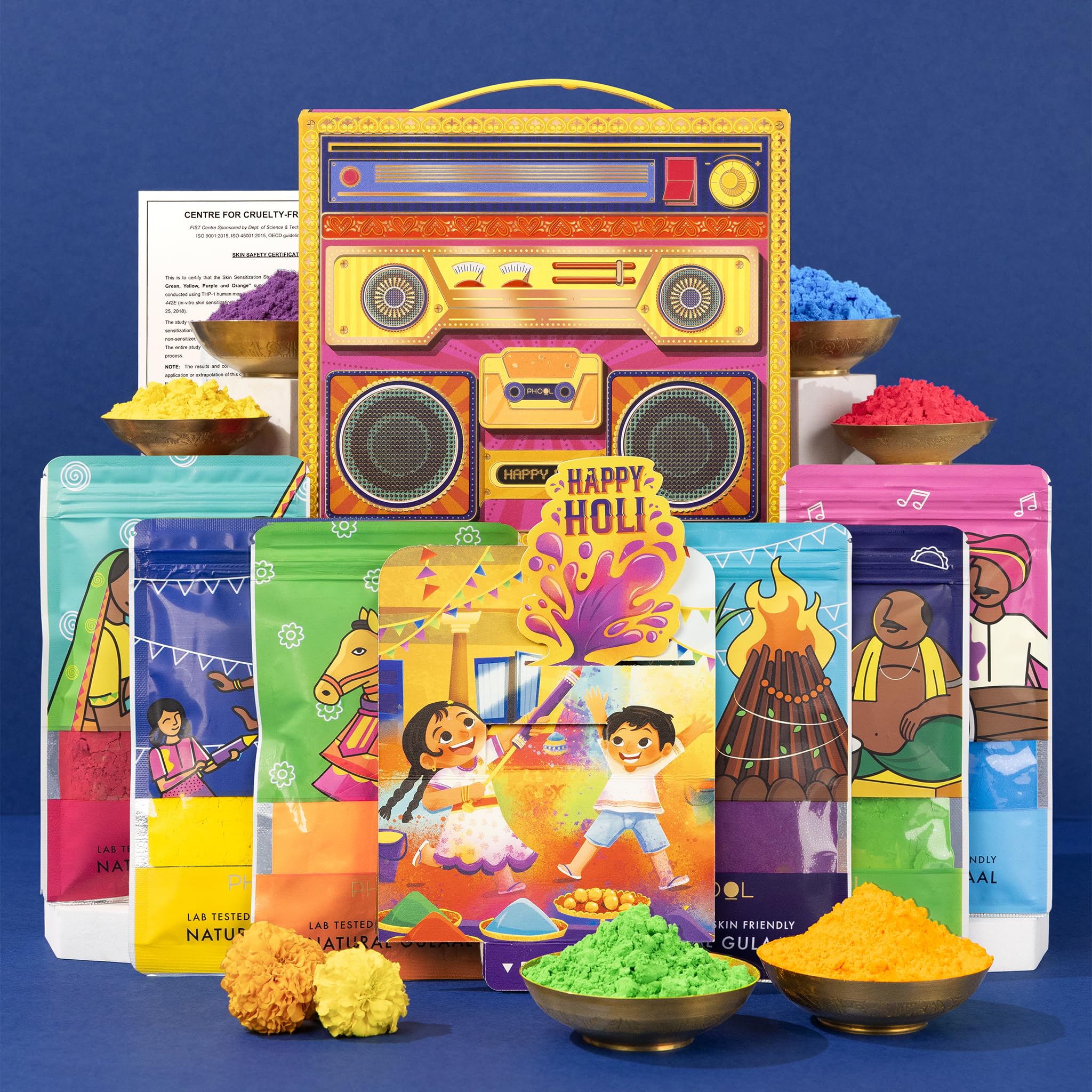 Phool 6 Gulaal Boombox Party Pack -Pink Blue Green Yellow Orange Purple | Natual gulal Holi Colors | Skin Safe Gulal with Certificate | Holi Gulal for Kids & Family Interactive Greeting Card