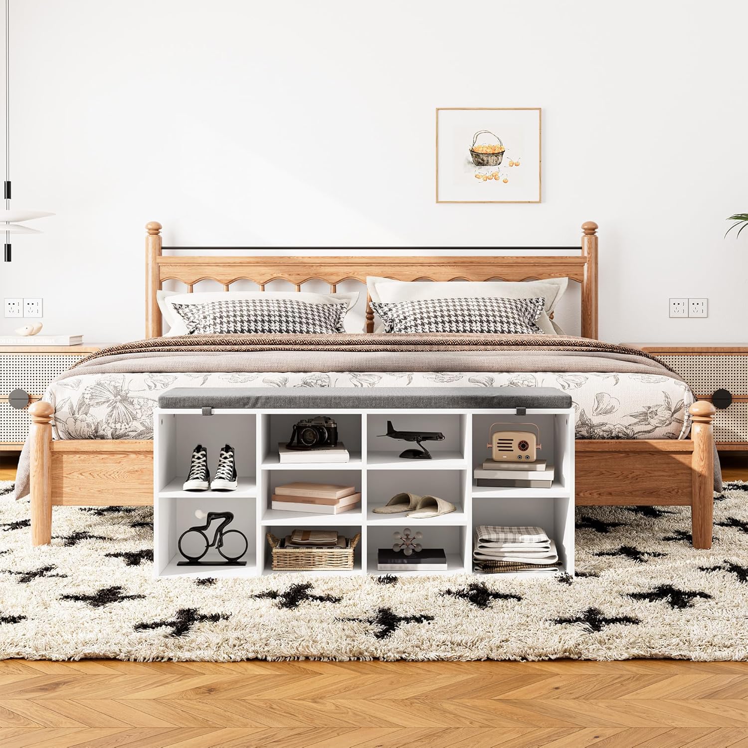 Shoe Storage Bench with Cushion, 41'' Long Entryway Bench with 10 Compartments Shoe Rack, Multifunctional Cubby Storage Organizer for Living Room, Hallway, Bedroom and Closet, White