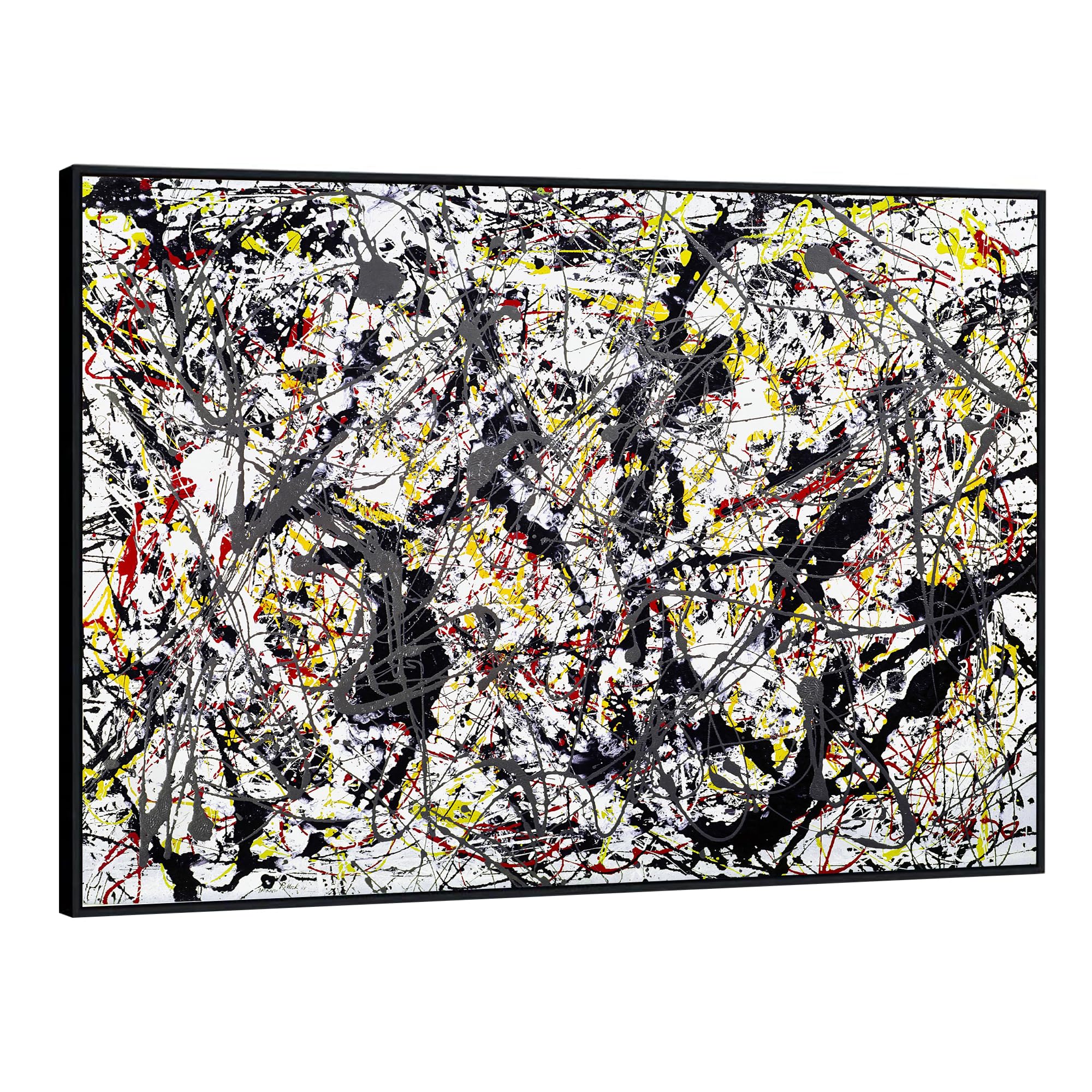 INVIN ART Framed Canvas Silver Over Black, White, Yellow and Red,1948 by Jackson Pollock Giclee Print Art Abstract Wall Art Home Decor(Black Slim Frame,28"x40")