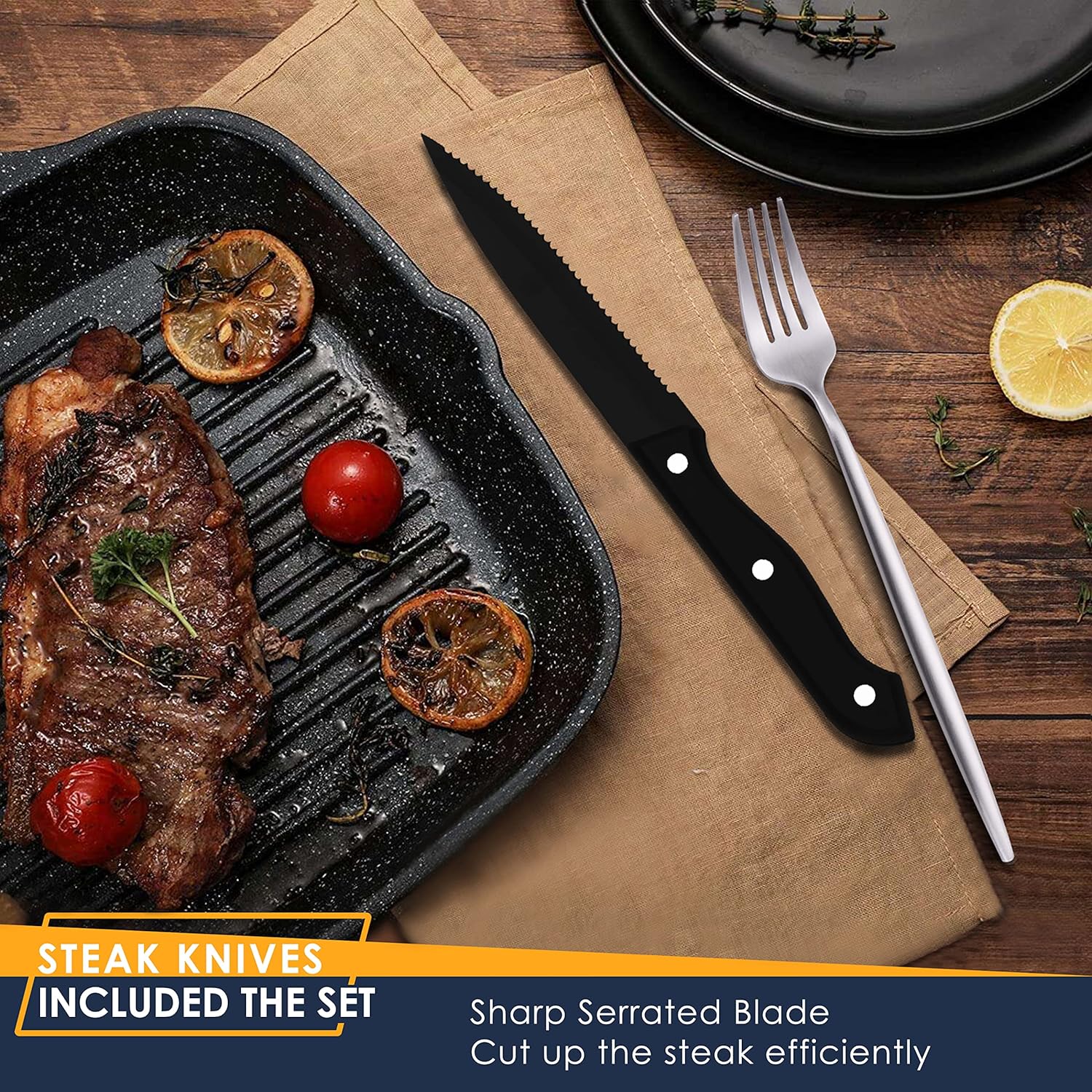 Stapava 24 Pieces Matte Silverware Set with Steak Knives, Stainless Steel Flatware Cutlery Set for 4, Kitchen Utensil Set Include Spoons Forks Knives, Satin Finished Polished, Dishwasher Safe