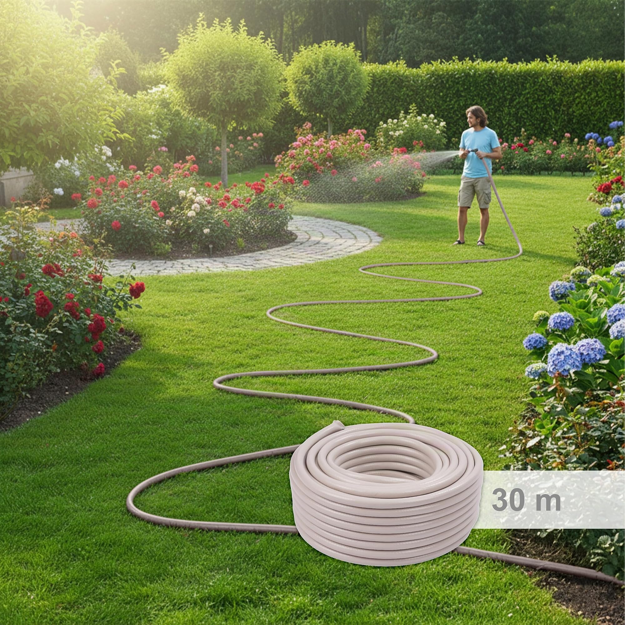 Relaxdays Gartenschlauch, 30 m, universeller Wasserschlauch 1/2", UV- & wetterfest, Gewebeschlauch Garten, PP, beige