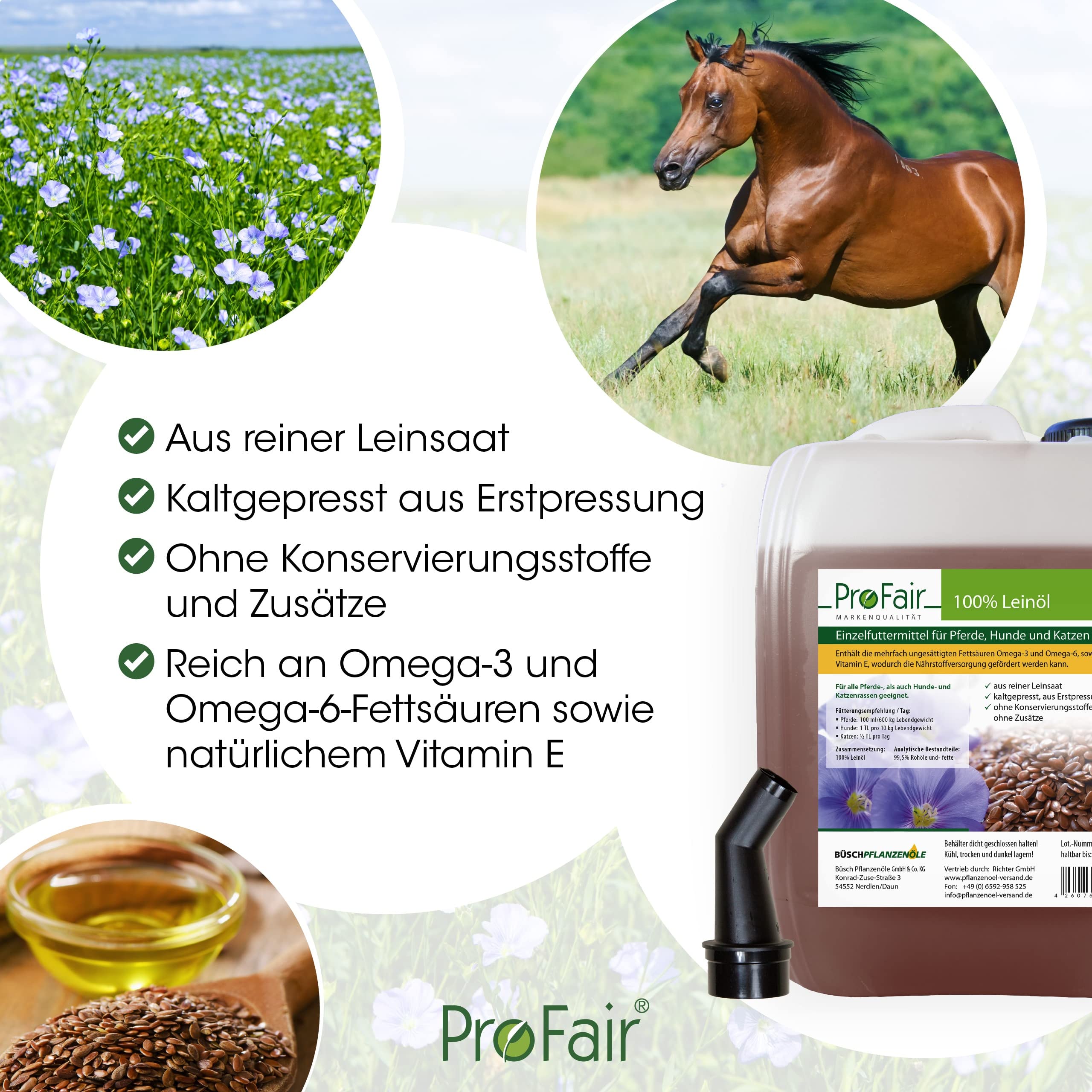 20 Liter ProFair Leinöl (2 x 10L Liter) kaltgepresst, 100% aus Reiner Leinsaat, ohne Zusätze, Einzelfuttermittel für Pferd, Hund und Katze