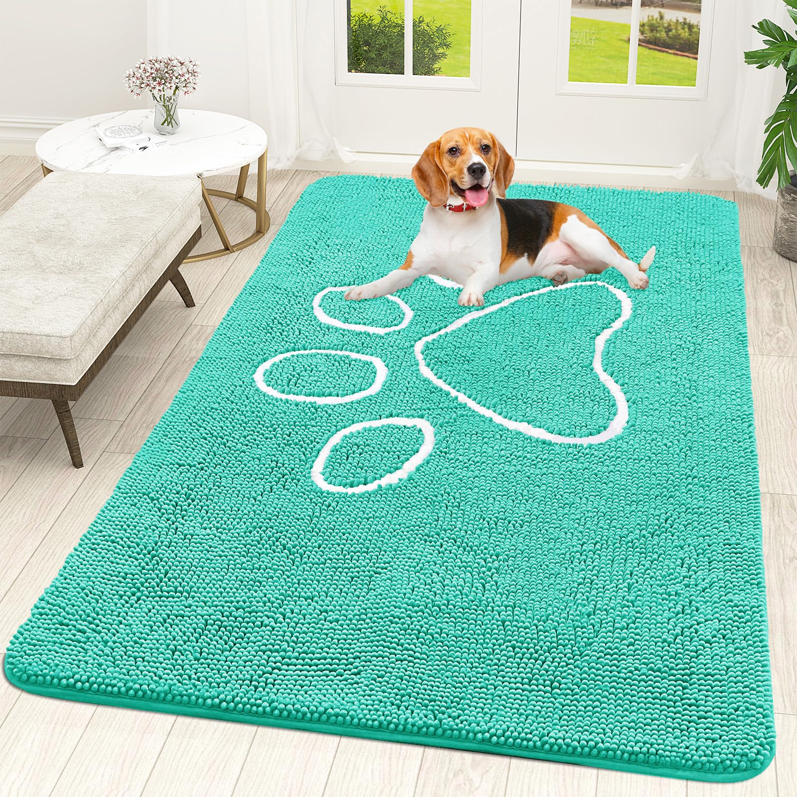 OLANLY Door Mat for Muddy Dog Paws 59x35, Ultra Absorbent Chenille Mud Doormat with Paw Print Design, Non-Slip Washable Doormat for Indoor Entryway, Quick-Dry Pet Bed Mats for Dirty Dogs, Teal — image 1
