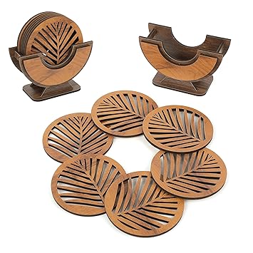 TIDBIT Wooden Coasters for Cups Set of 6 | Kitchen Accessories Items for Your Home, Office | Dining Table Decorative Items for Coffee Mug, Tea Cups, Glasses | 9.5 x 9.5 cm (Palm Leaf Pattern)