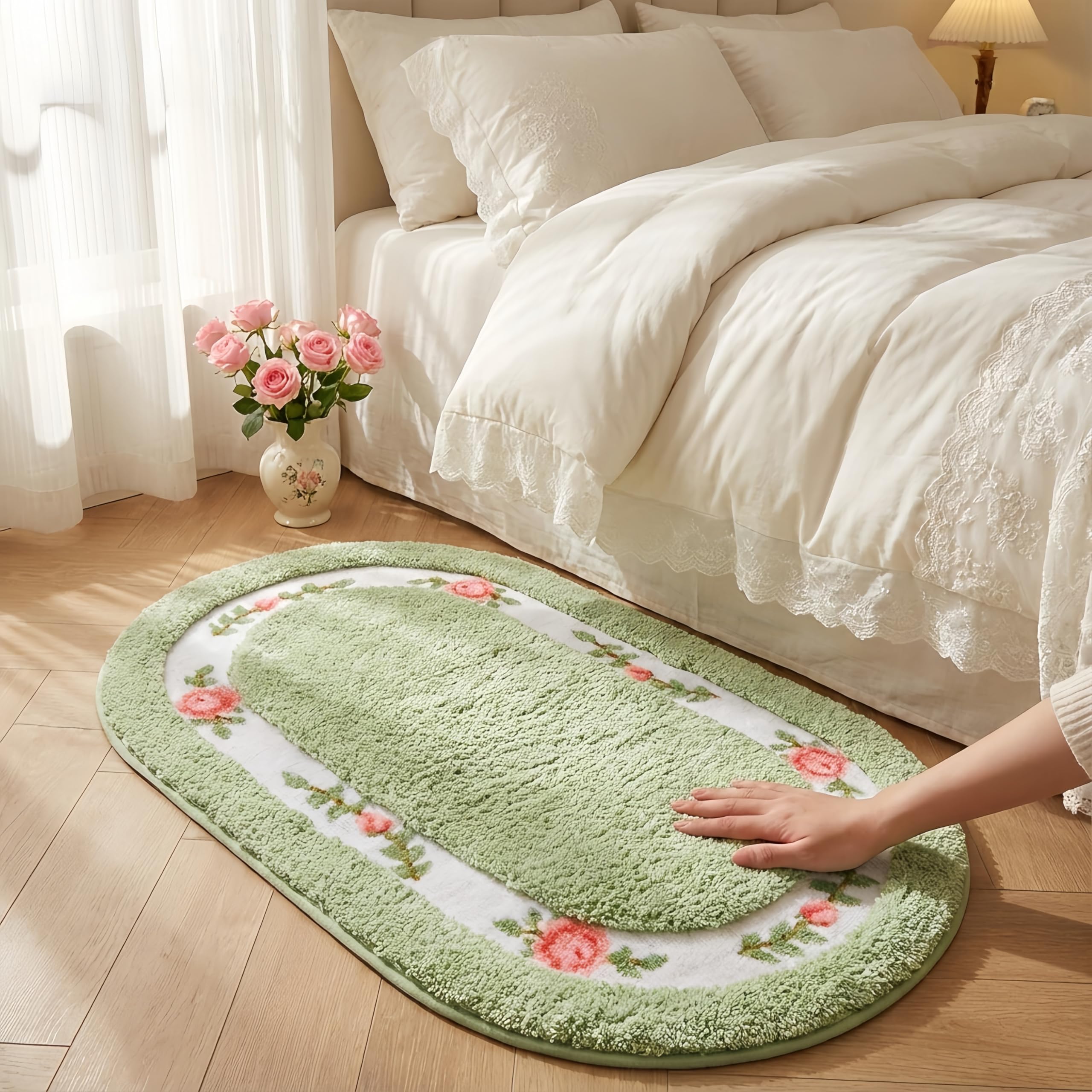 QMEAKMONY Bathroom Rugs Romantic Rose Flower Shaggy Area Rugs for Living Room Bedroom Kitchen Non Slip Absorbent Bath Mat Door Mat Washable(Green,