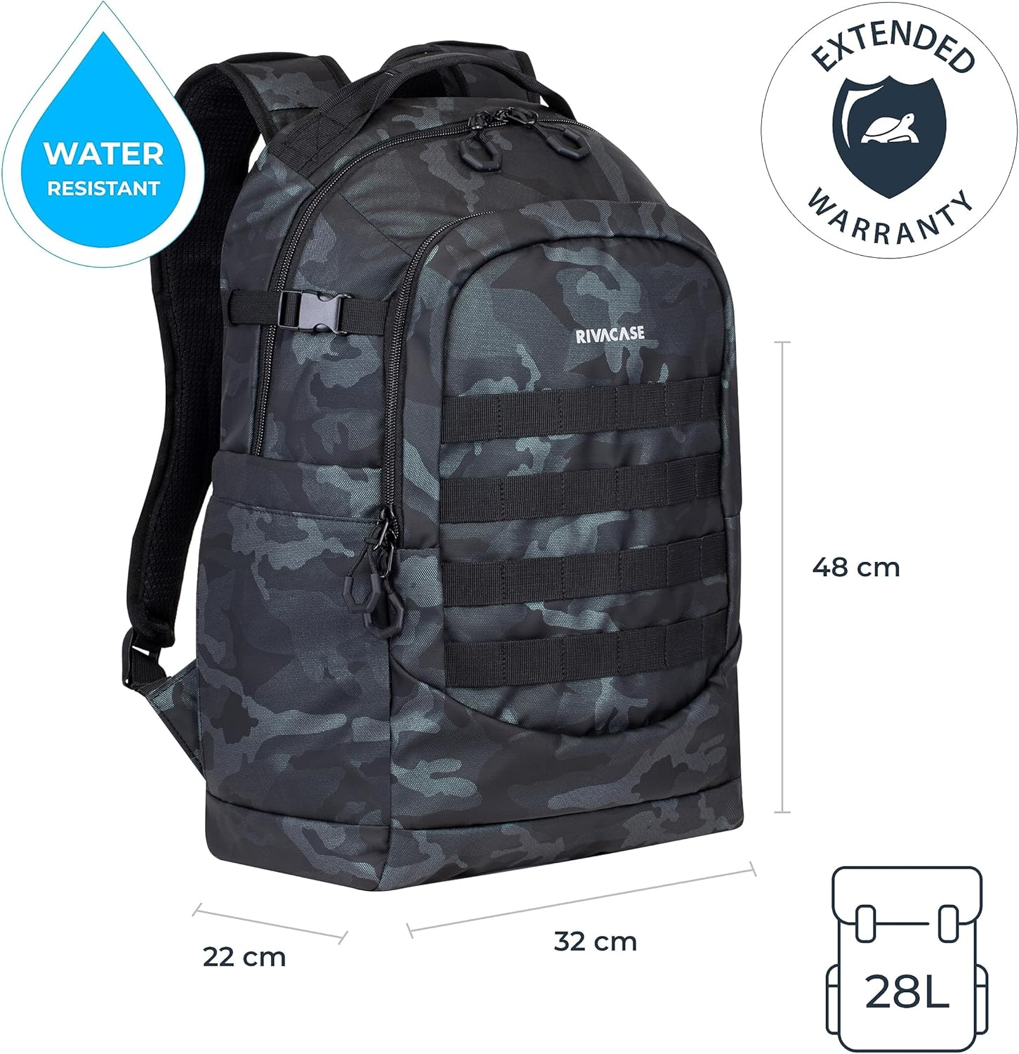 Military-Style Navy Camo ECO 28L Rucksack Backpack, Water-Resistant with MOLLE Webbing, Fits 15.6" Laptop & Tablet, Travel & Outdoor Daypack