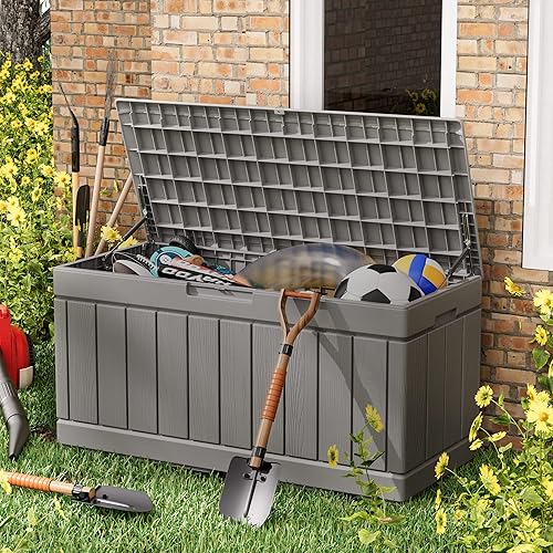 Vista 110 de Greesum Caja de resina de 31 galones para todo tipo de clima, cajas de almacenamiento al aire libre para muebles de patio, juguetes al aire libre