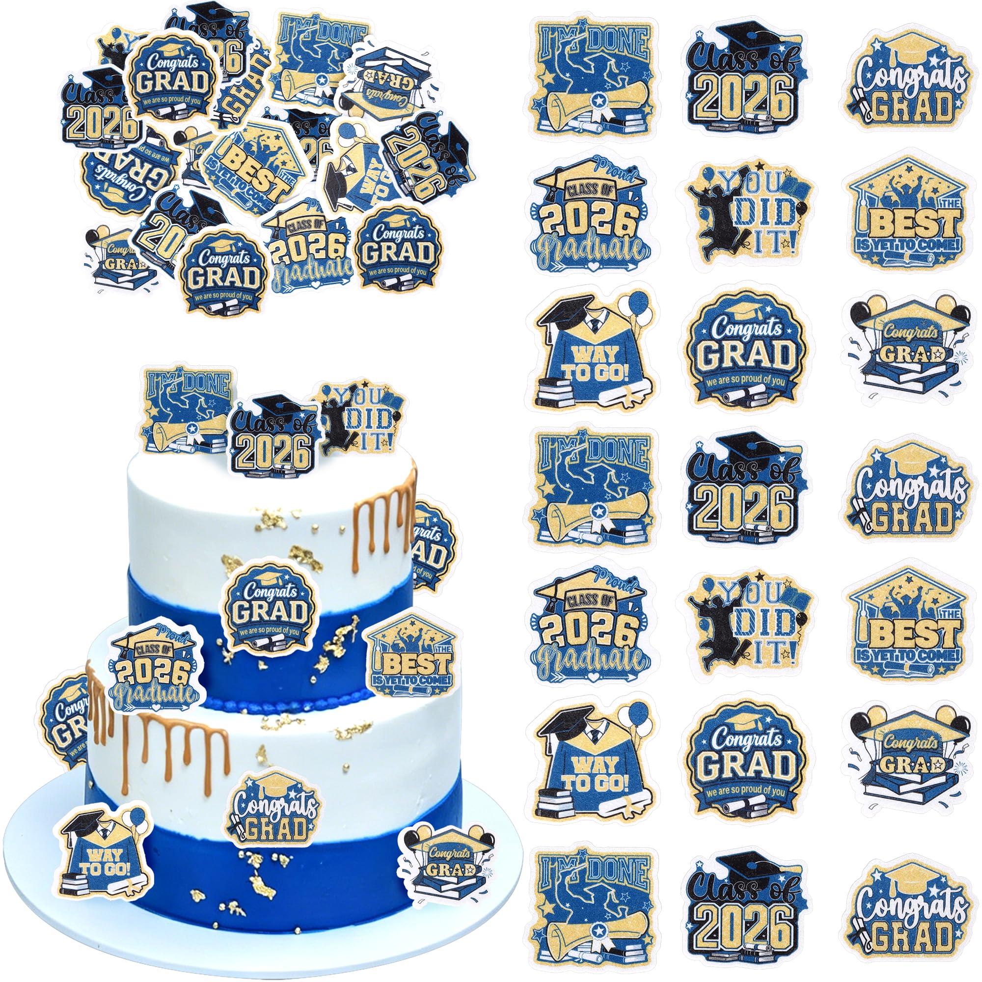 Xsstarmi 63 Pack 2026 Graduation Edible Cupcake Toppers Rice Paper Grad Cap Diploma Decor Picks for Class of 2026 High School College Graduation Party Supplies Blue Gold