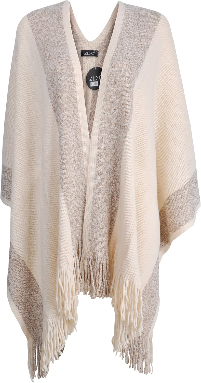 ZLYC Women's Shawl Golden Trim Knit Blanket Wrap Fringe Poncho Coat Cardigan