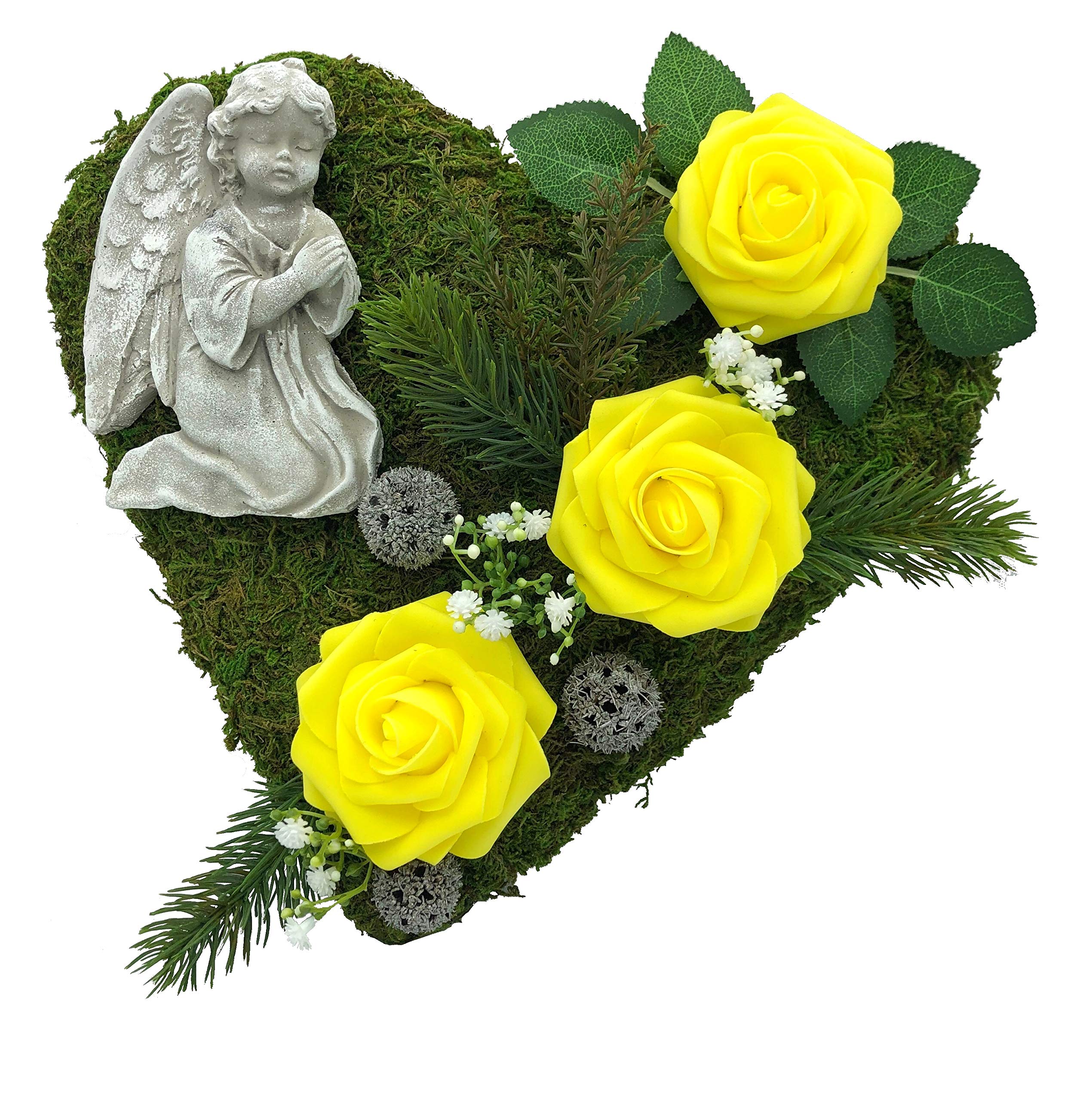 Radami Grabgesteck Grabschmuck Grabaufleger Moosherz Grabherz Trauerherz Grab Herz Gesteck Rosen mit Engel (Rosen Gelb)