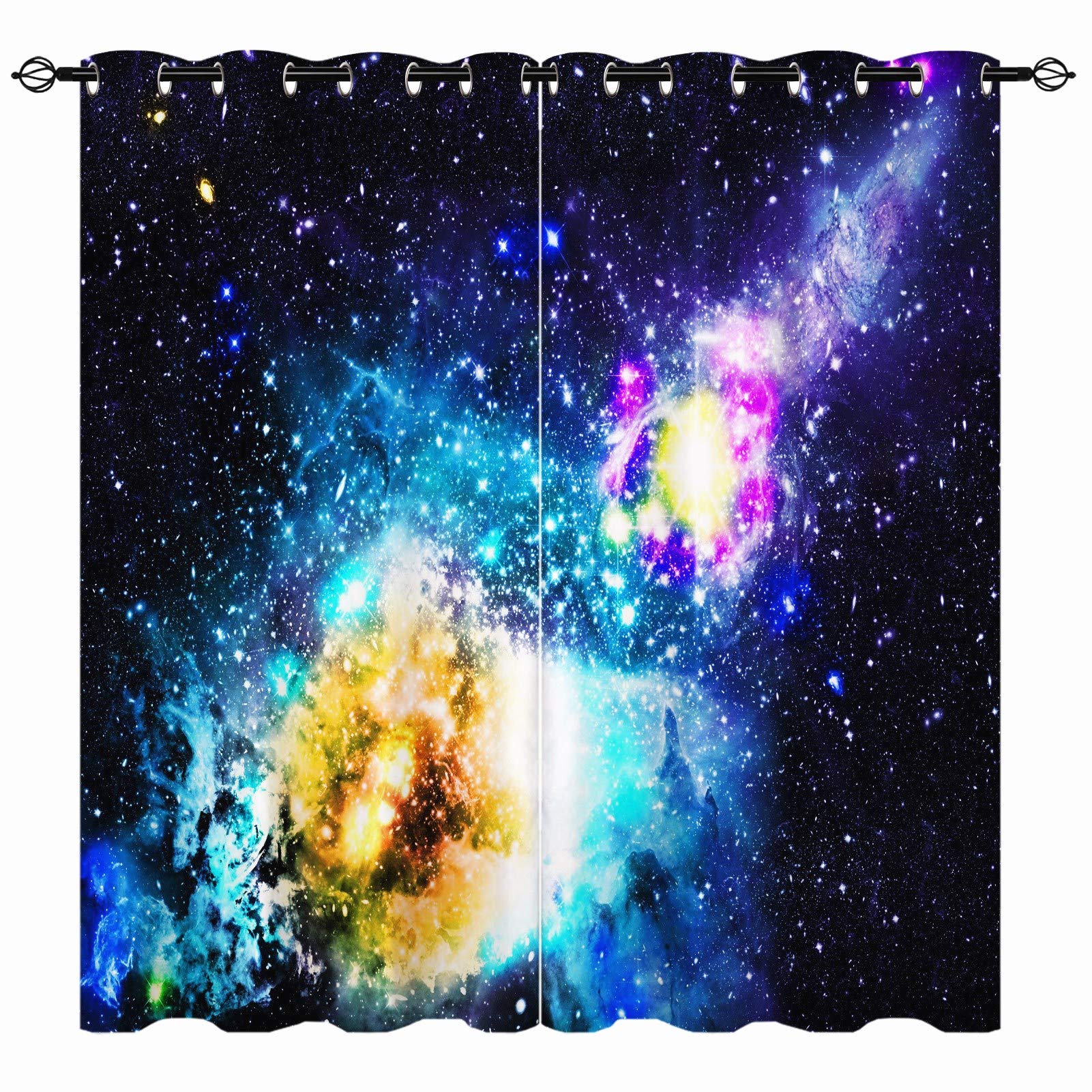 Yuanzu Boys Multi 5 Galaxy Curtains, Universe Space Stars Nebula Starry Sky Planet Print 3D Pattern Eyelet Thermal Insulated Blackout Curtains For Kids Girls Bedroom Playroom 2 Panels Each W75cm X D166cm